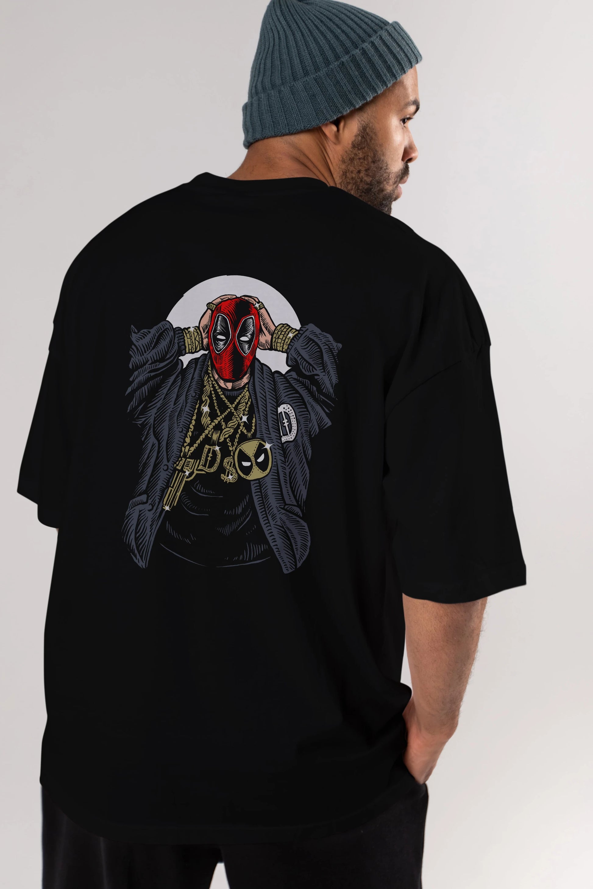 Deadpool Gangsta Arka Baskılı Oversize t-shirt Erkek Kadın Unisex %100 Pamuk