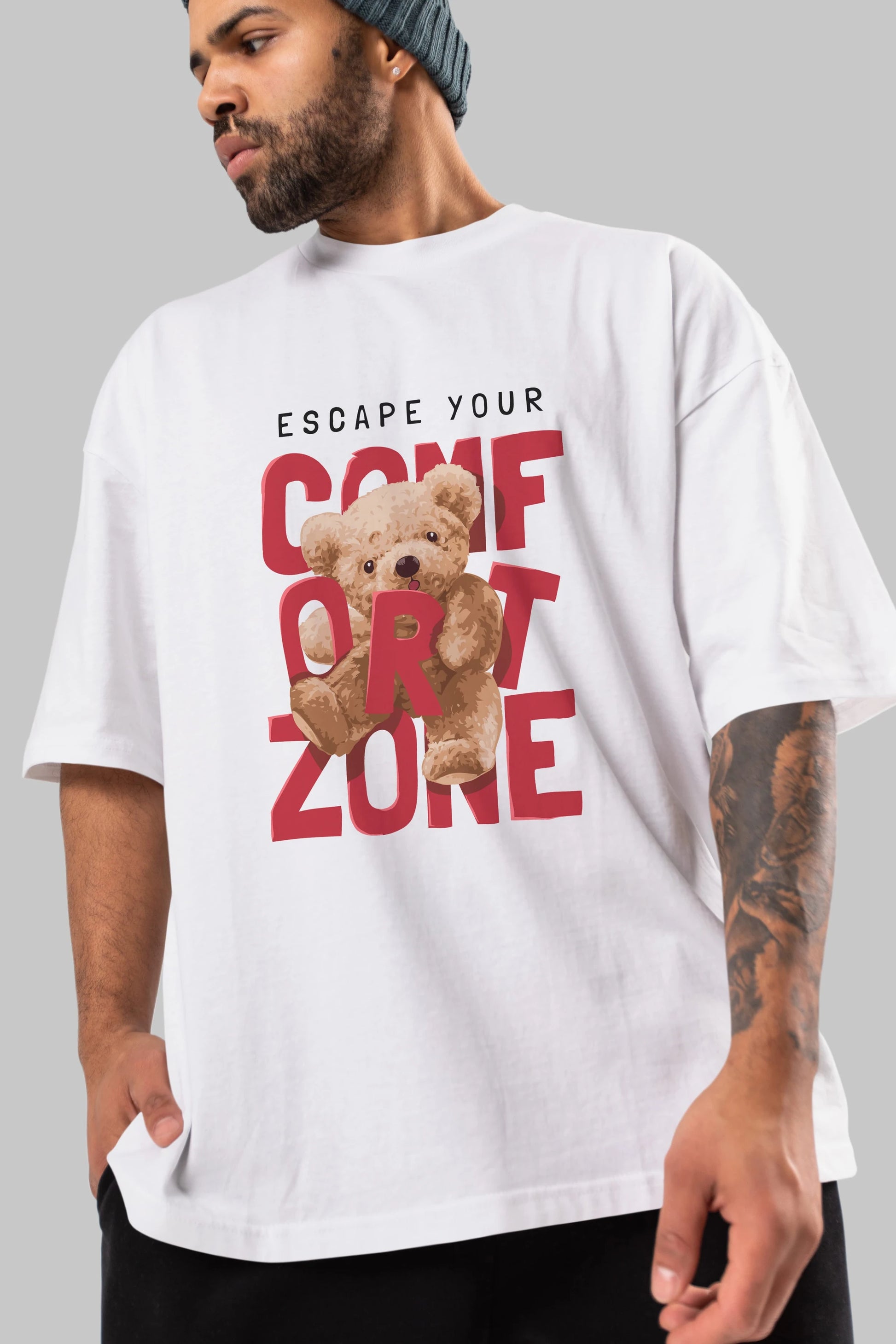 Teddy Bear Escape Comfort Zone Ön Baskılı Oversize t-shirt Erkek Kadın Unisex %100 Pamuk