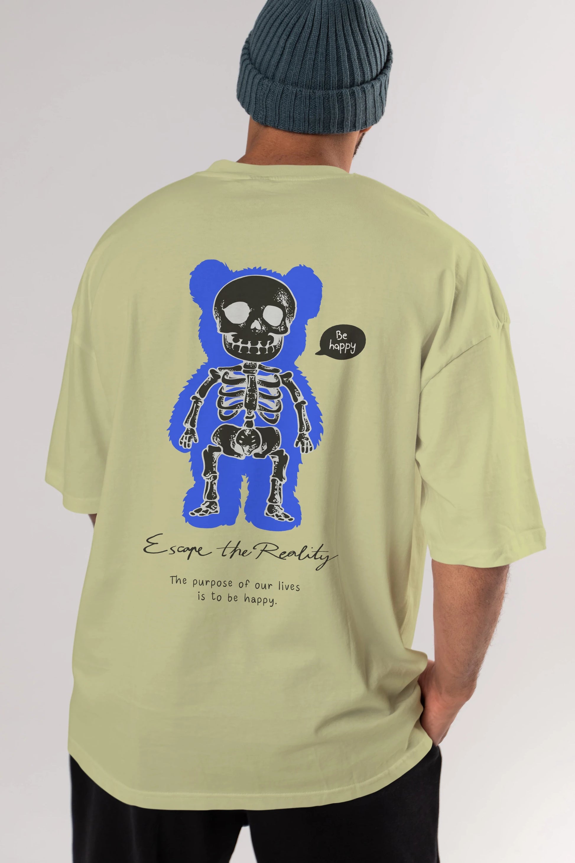 Be Happy Bear Arka Baskılı Oversize t-shirt Erkek Kadın Unisex