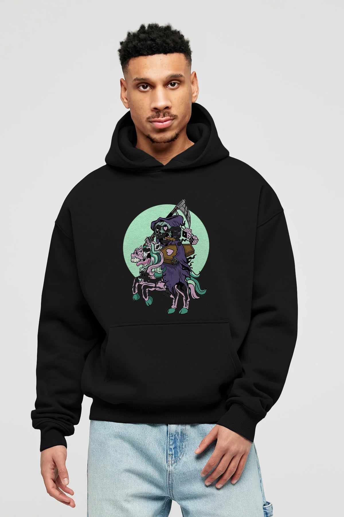 Grim Reaper Riding Unicorn Ön Baskılı Hoodie Oversize Kapüşonlu Sweatshirt Erkek Kadın Unisex