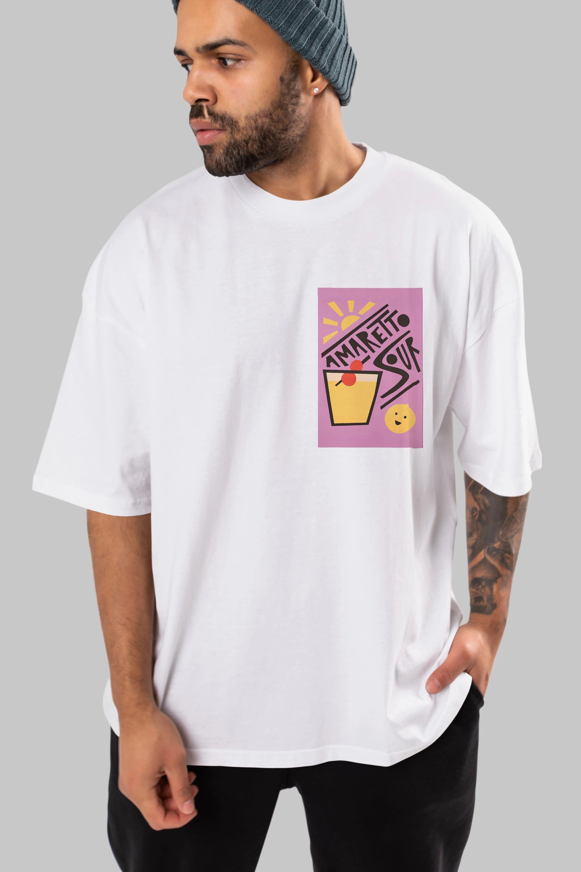 Amaretto Sour Ön Sol Baskılı Oversize t-shirt Erkek Kadın Unisex %100 Pamuk Bisiklet Yaka tişort