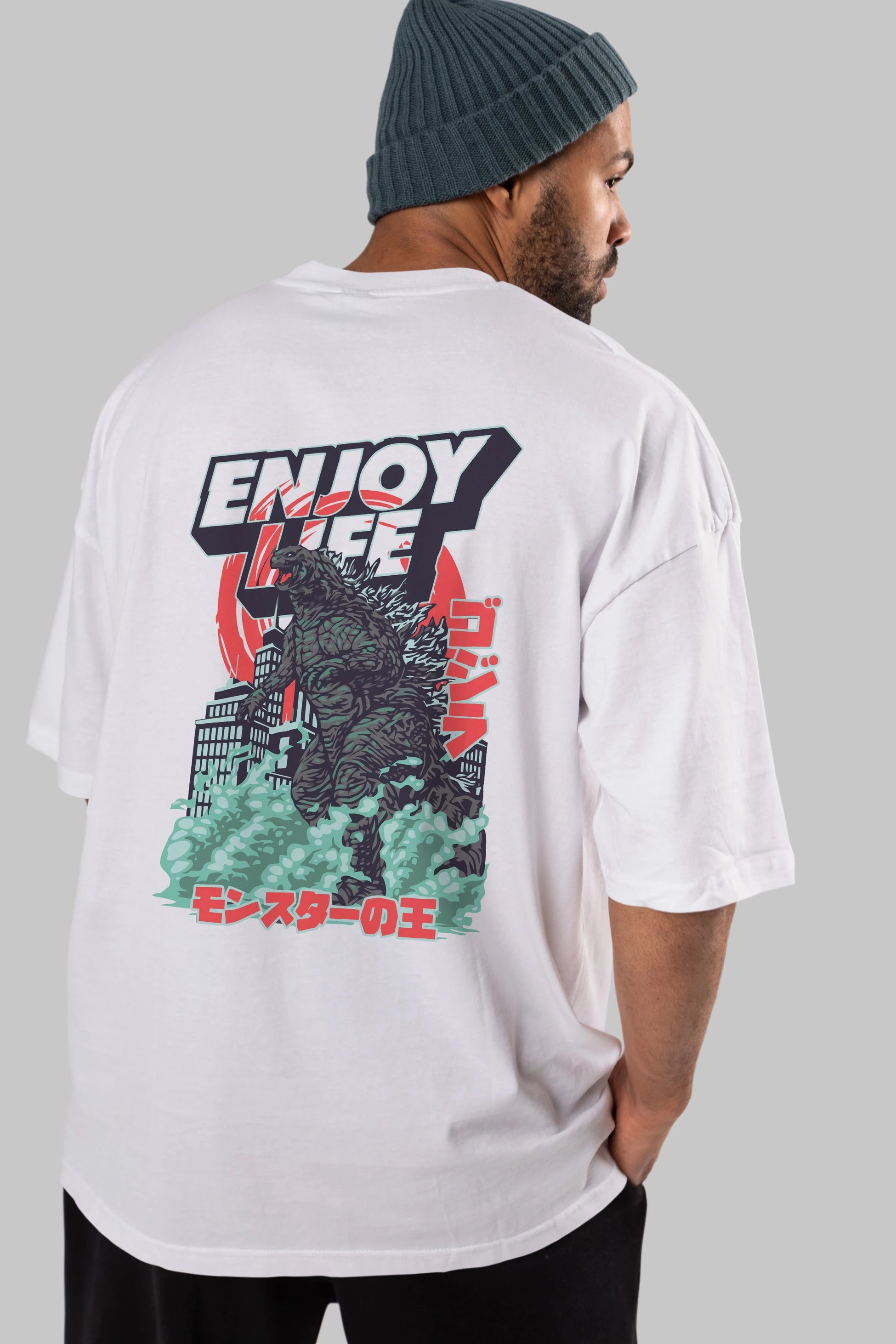 Godzilla Arka Baskılı Oversize t-shirt Erkek Kadın Unisex %100 Pamuk Bisiklet Yaka tişort