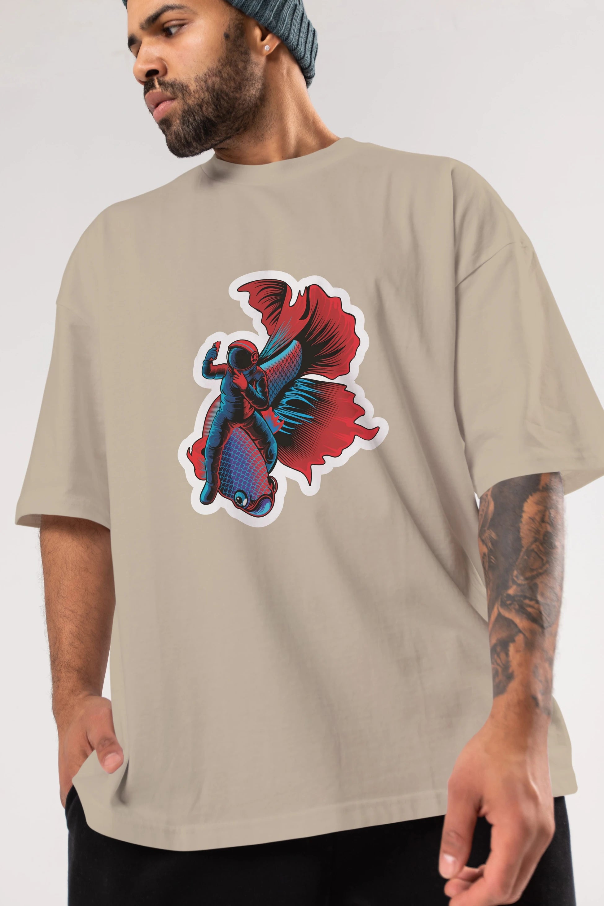 Astrofish selfie sticker Ön Baskılı Oversize t-shirt Erkek Kadın Unisex