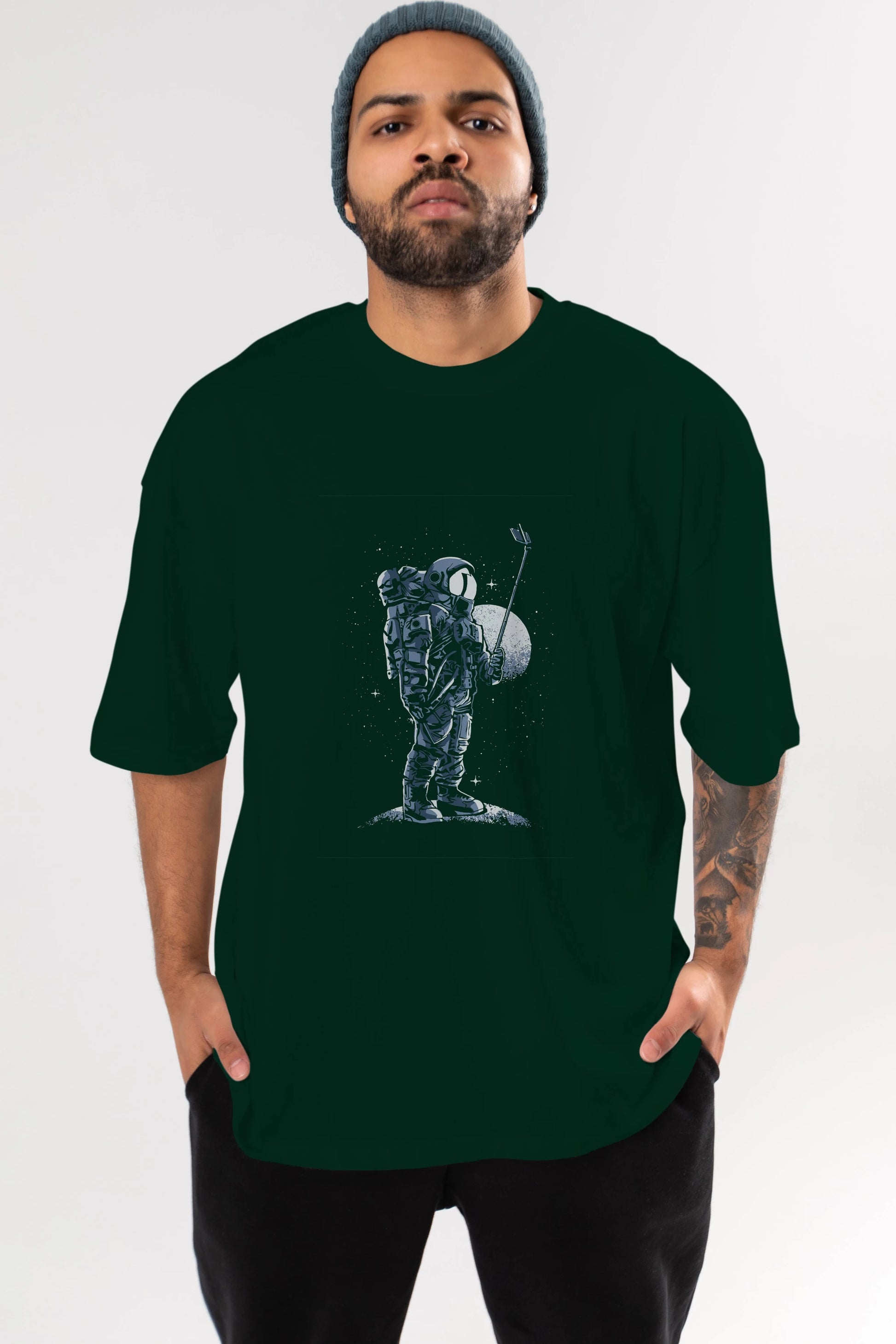Selfie Astronaut Ön Baskılı Oversize t-shirt Erkek Kadın Unisex %100 Pamuk tişort
