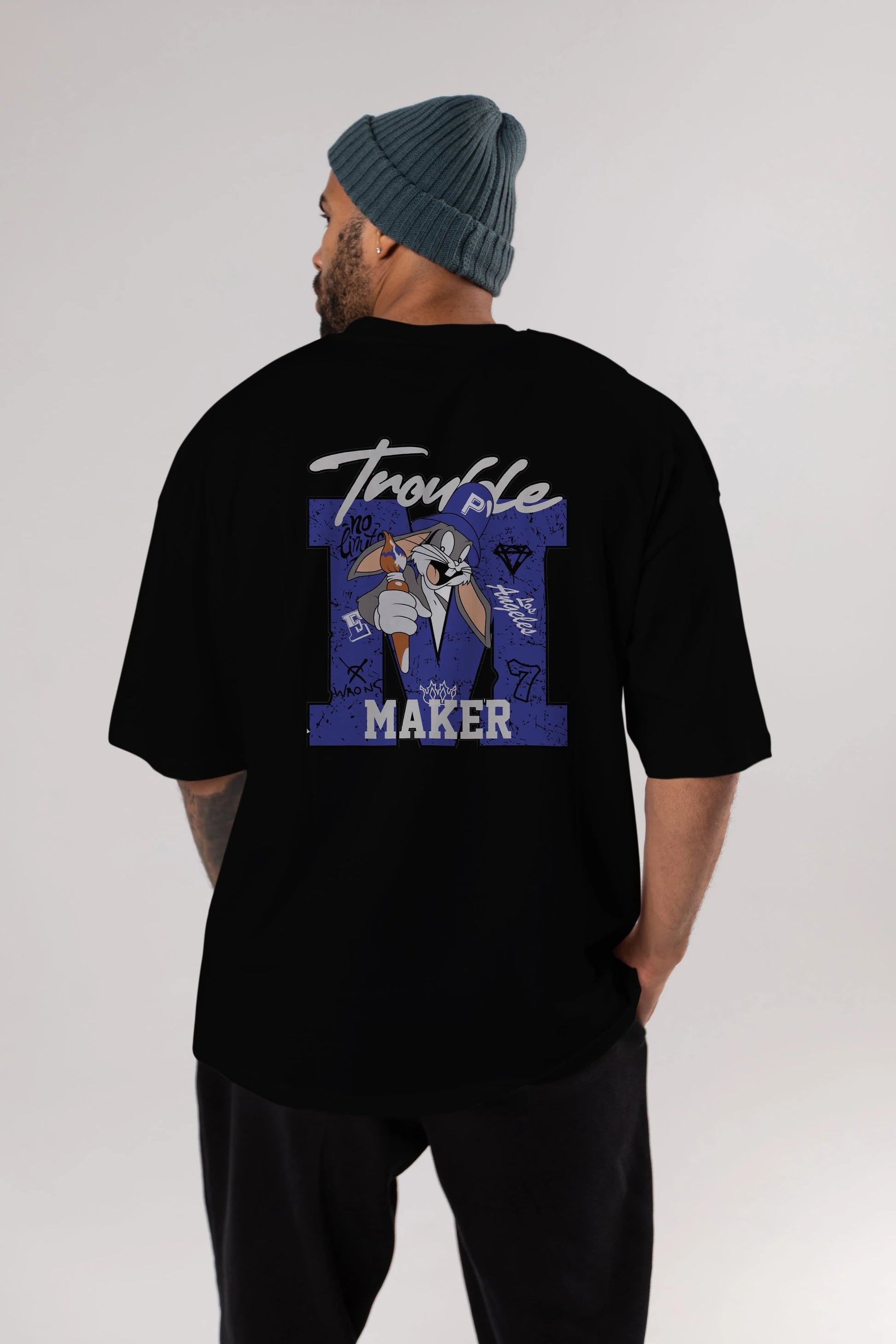 Bugs Bunny Arka Baskılı Oversize t-shirt Erkek Kadın Unisex %100 Pamuk Bisiklet Yaka tişort
