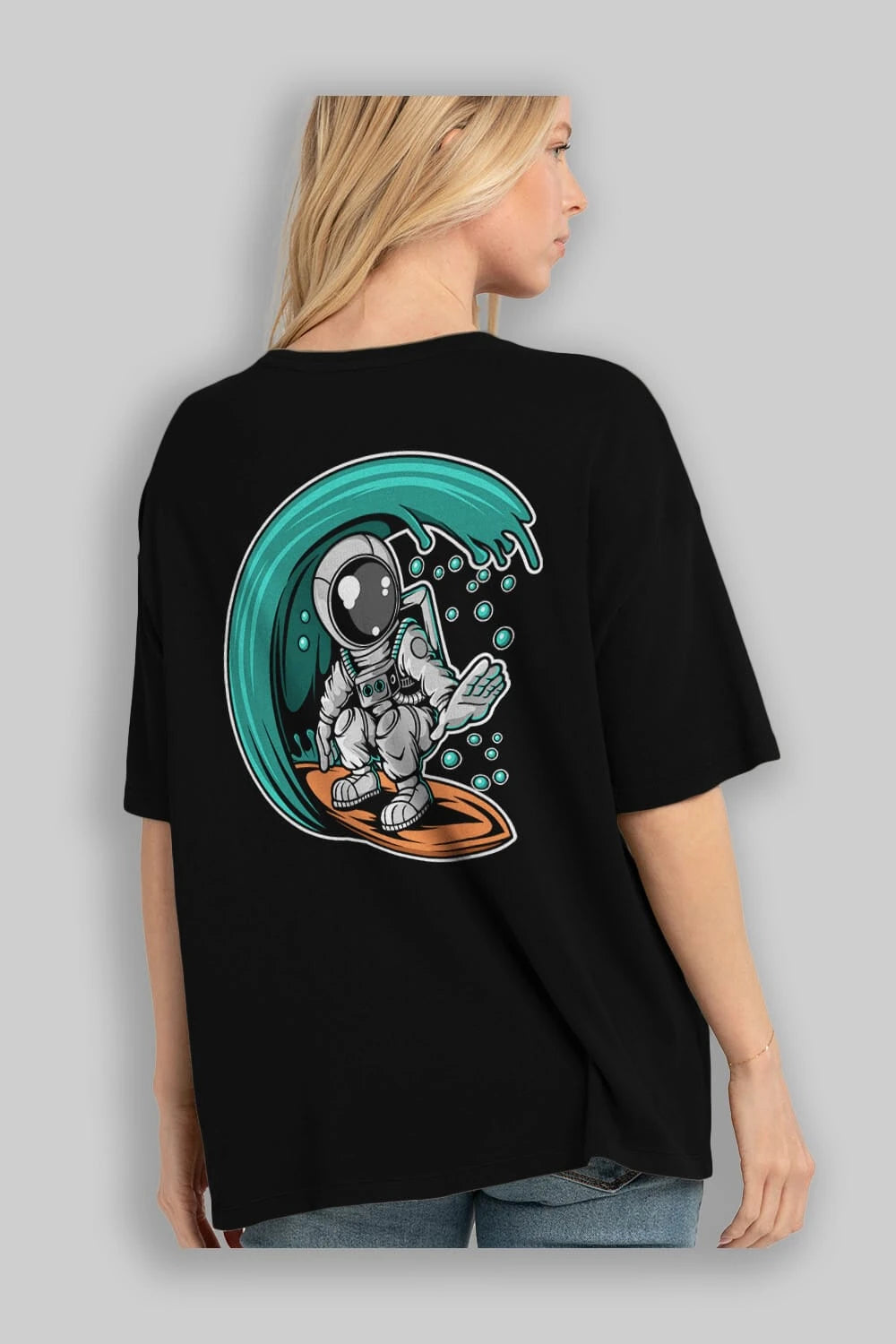 Astronaut Surfing Arka Baskılı Oversize t-shirt Erkek Kadın Unisex