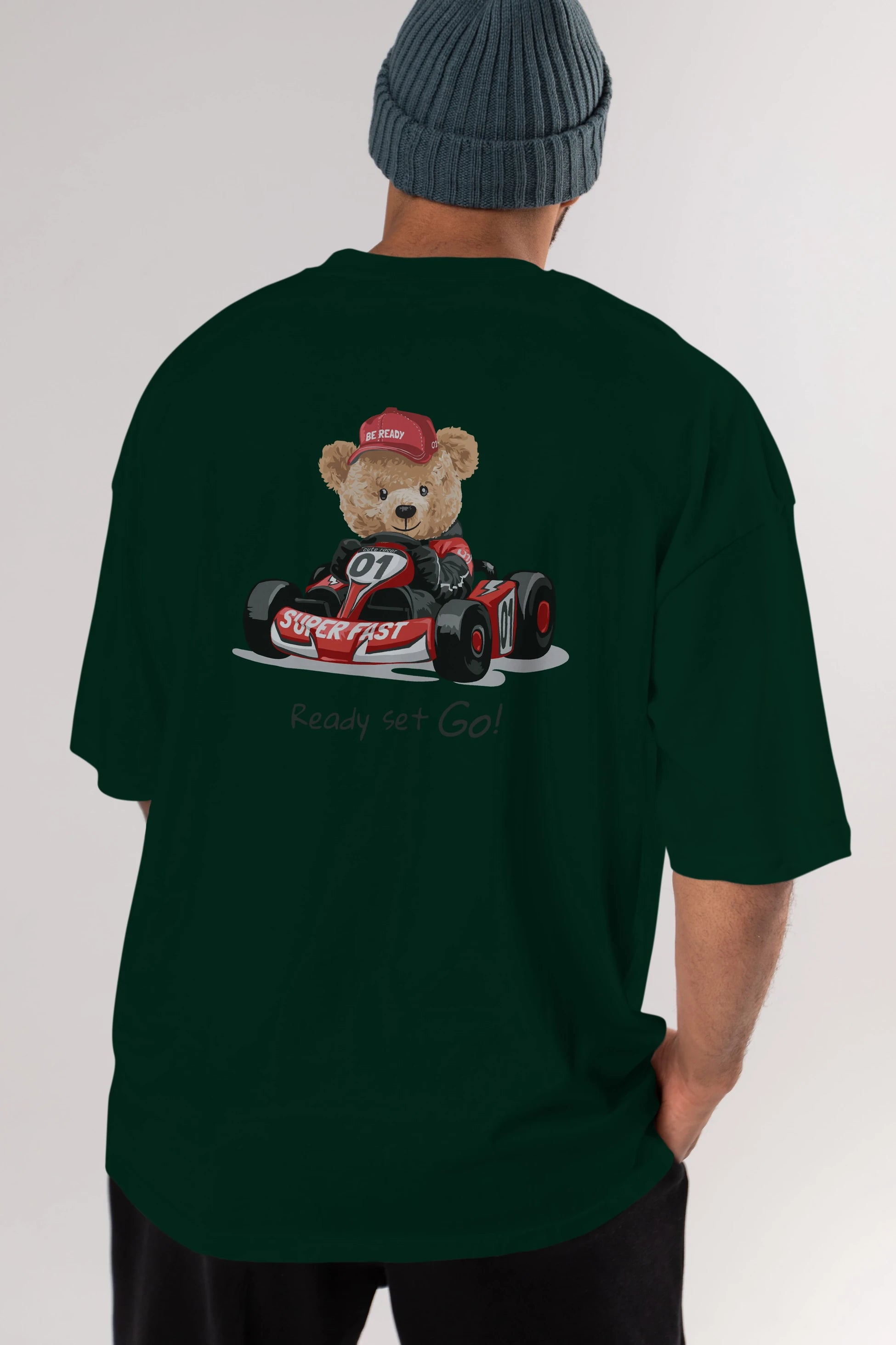 Teddy Bear Ready Set Go Arka Baskılı Oversize t-shirt Erkek Kadın Unisex %100 Pamuk