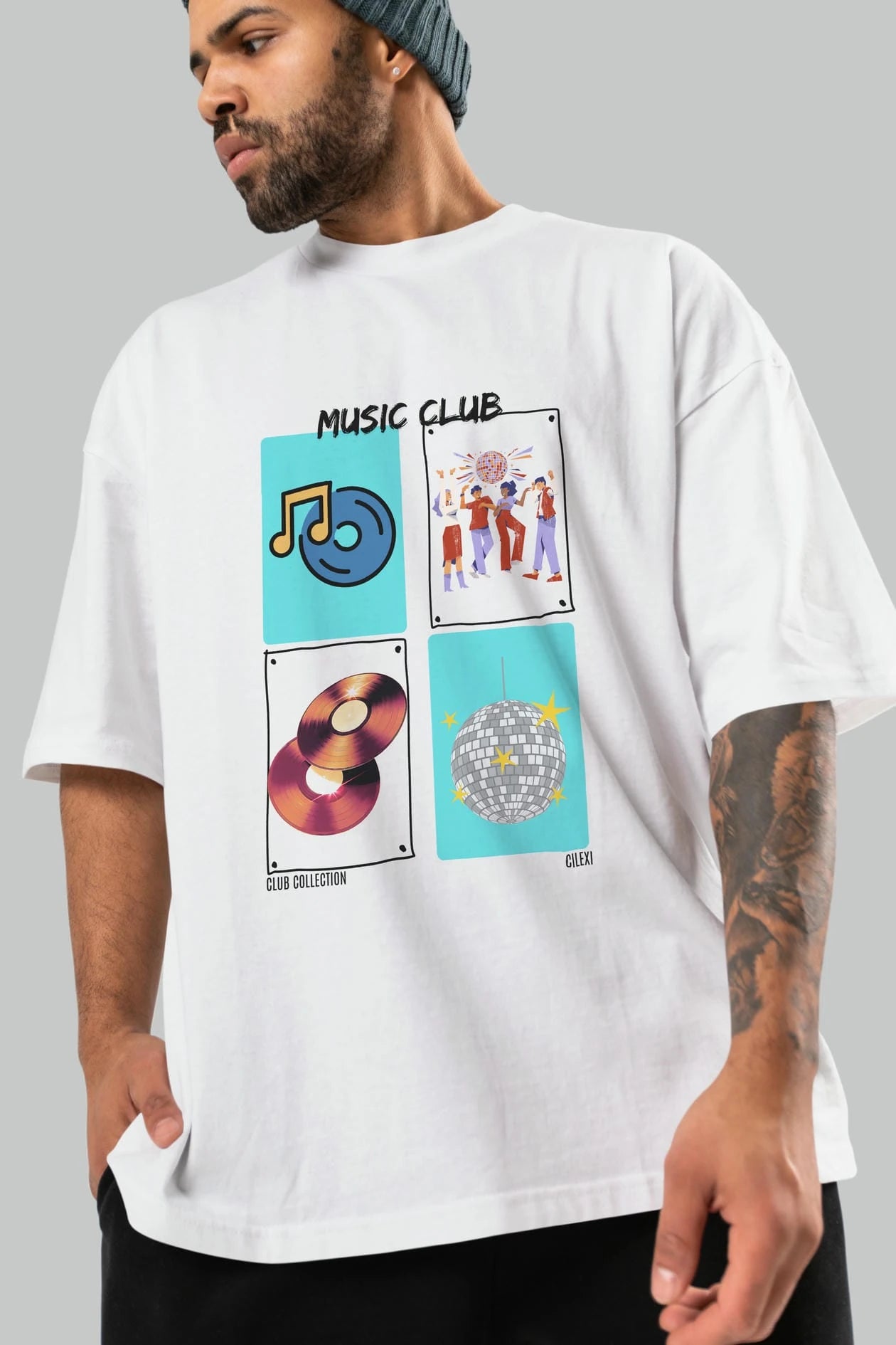 Music Club ön Baskılı Oversize t-shirt Erkek Kadın %100 Pamuk Bisiklet Yaka tişort