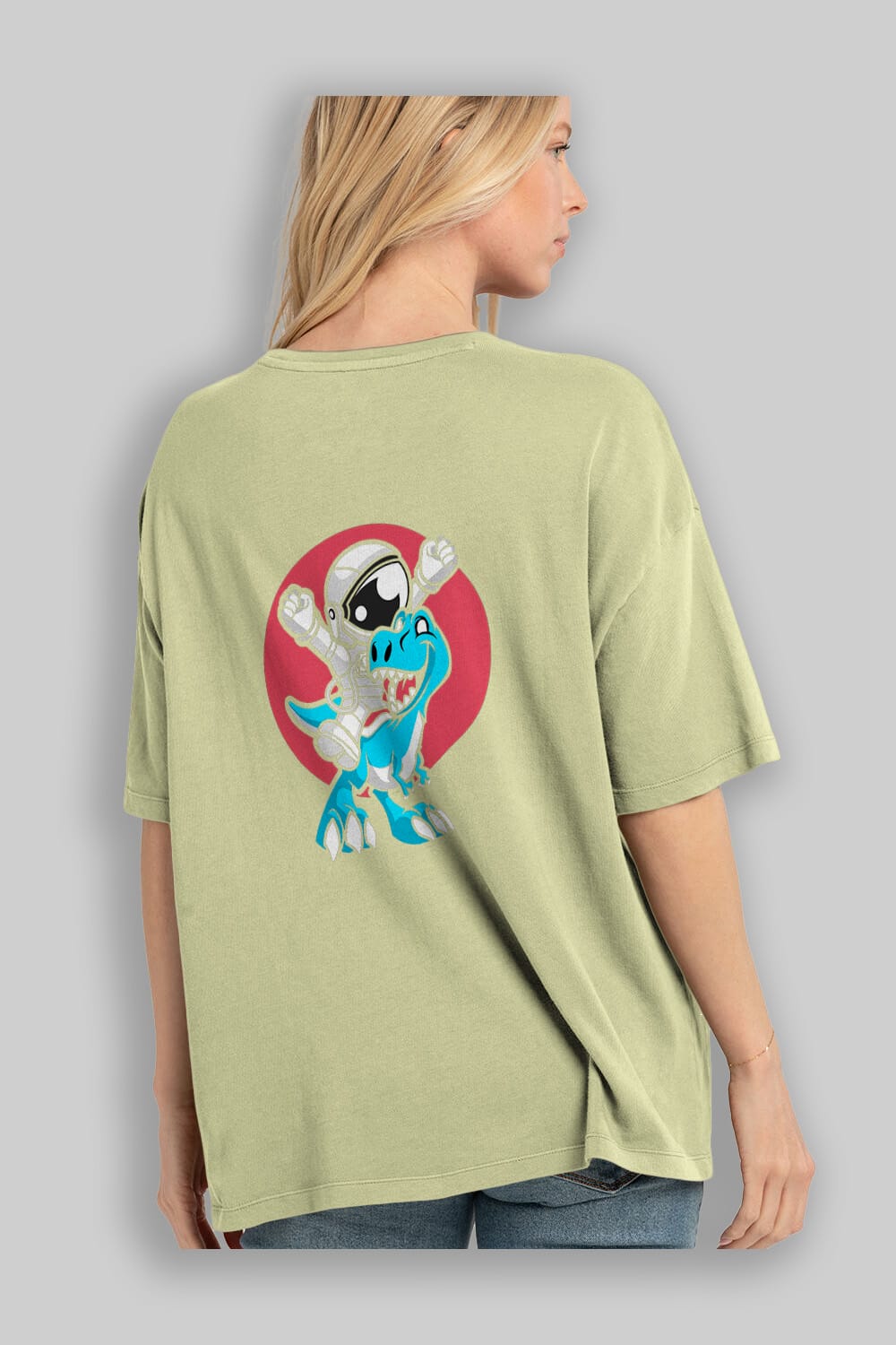 Astronaut Dino Arka Baskılı Oversize t-shirt Erkek Kadın Unisex %100 Pamuk tişort