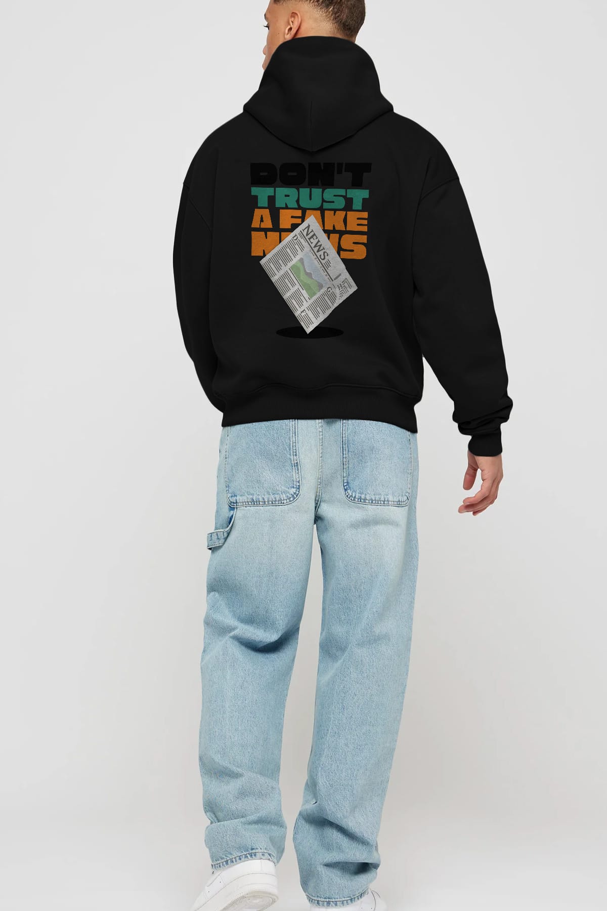 Dont Trust a Fake News Yazılı Arka Baskılı Oversize Hoodie Kapüşonlu Sweatshirt Erkek Kadın Unisex