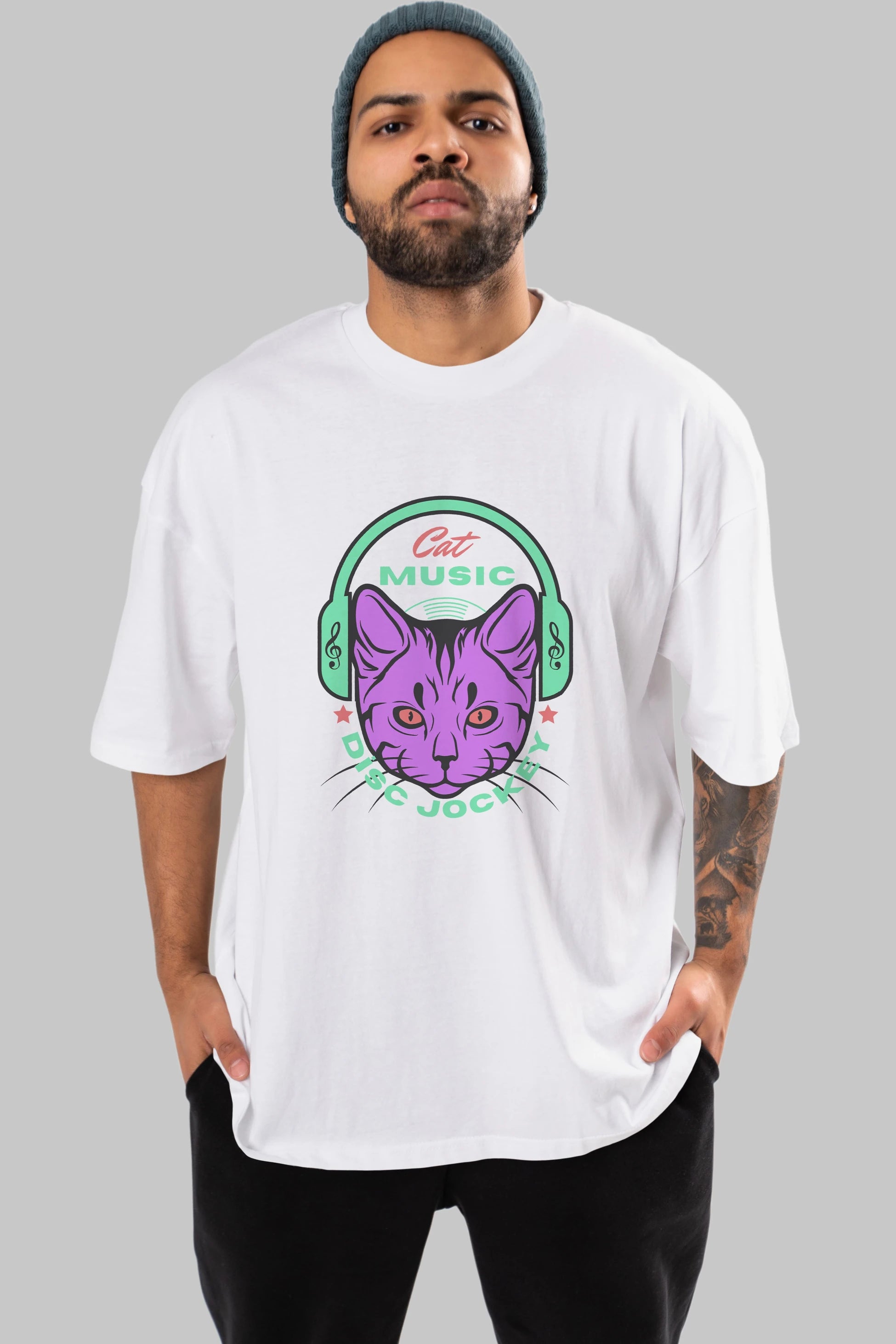 Cat Music Ön Baskılı Oversize t-shirt Erkek Kadın Unisex