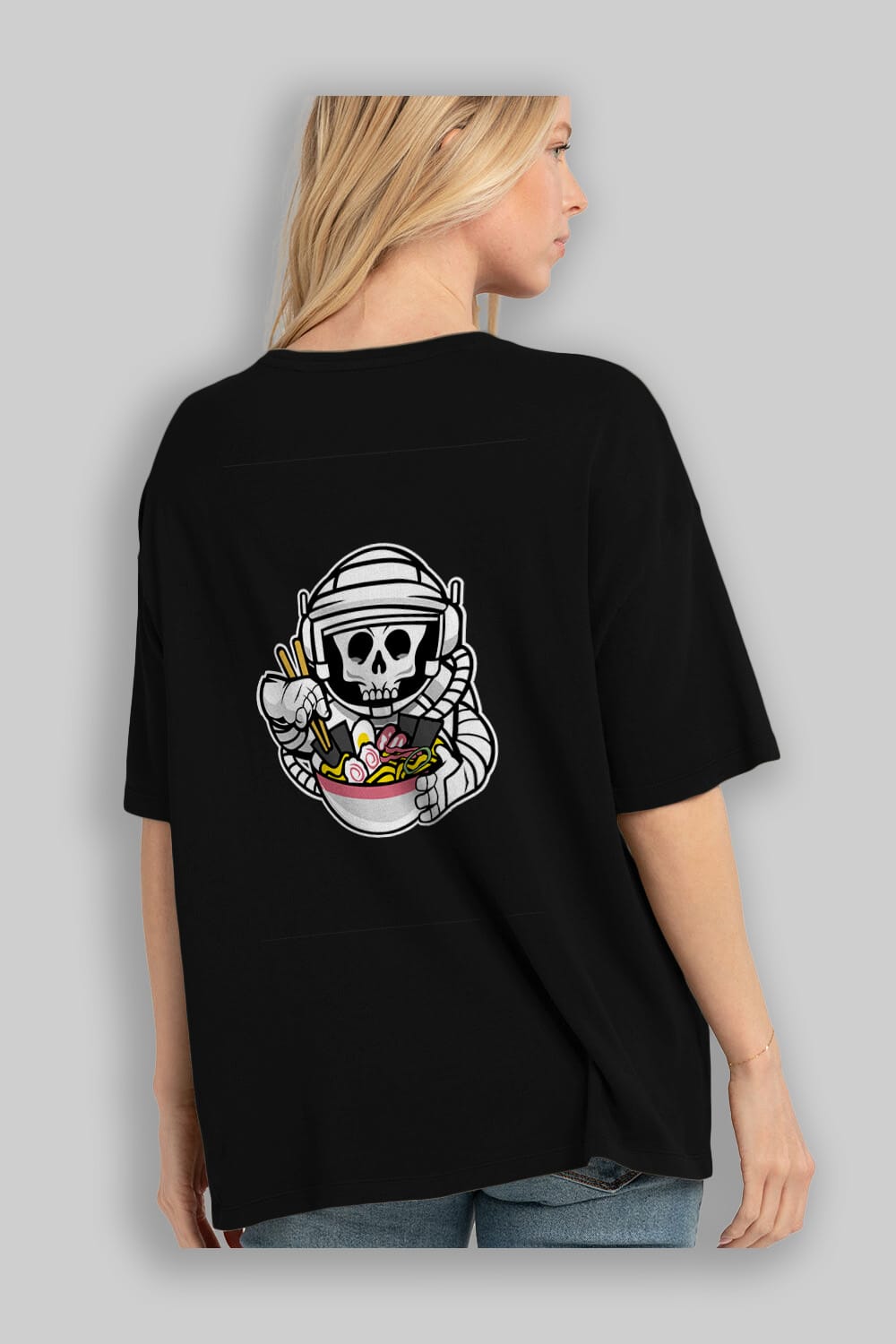 Astronaut Ramen Arka Baskılı Oversize t-shirt Erkek Kadın Unisex %100 Pamuk tişort