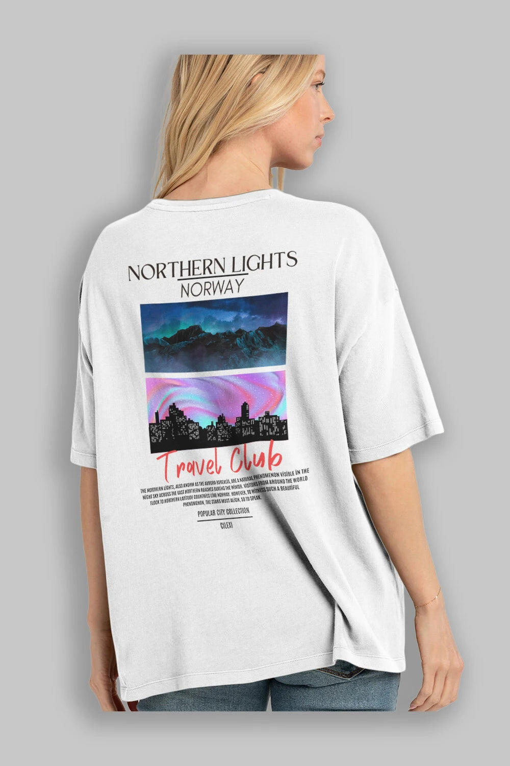 Northern Lights Norway Arka Baskılı Oversize t-shirt Erkek Kadın Pamuk Bisiklet Yaka tişort