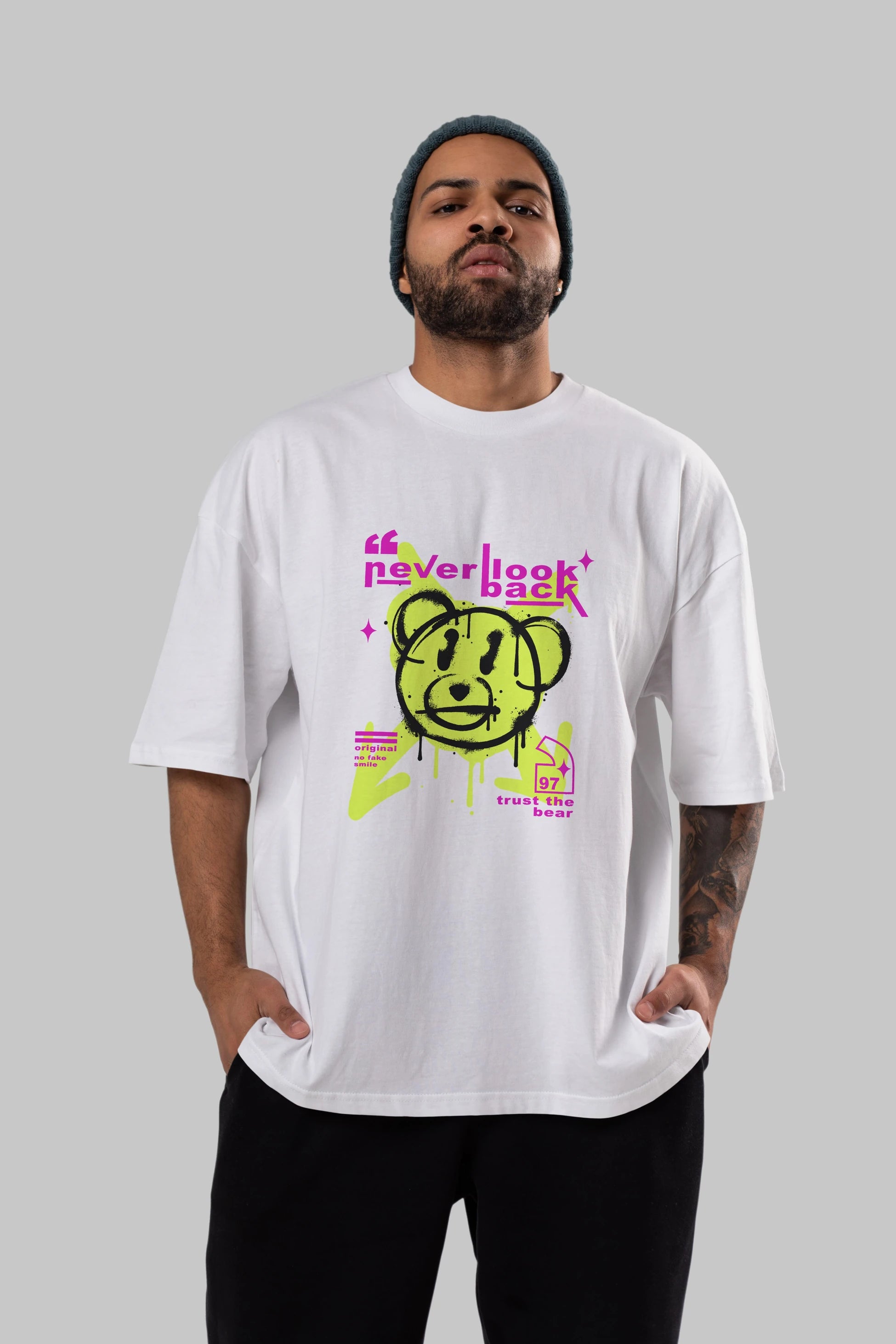 Never Look Back Bear Ön Baskılı Oversize t-shirt Erkek Kadın Unisex