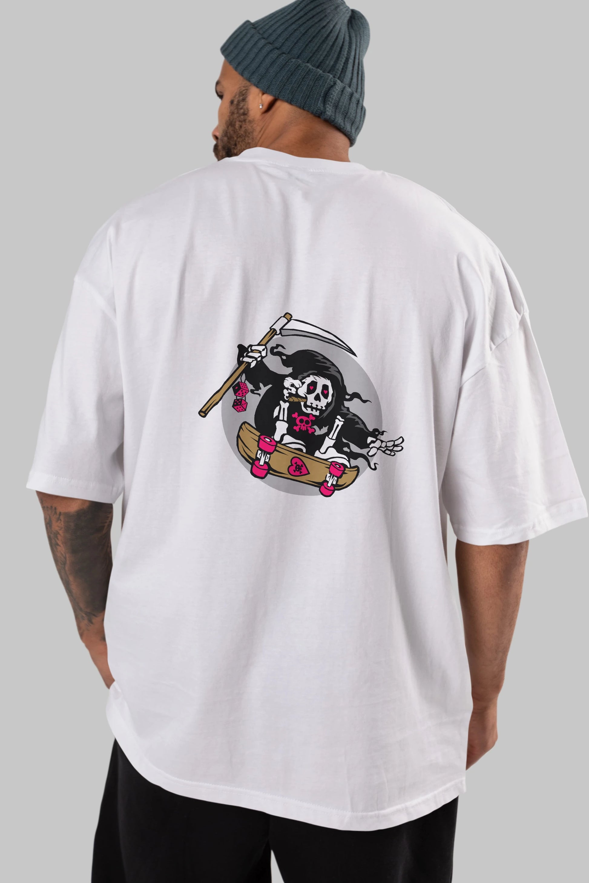 Grim Skater Arka Baskılı Oversize t-shirt Erkek Kadın Unisex %100 Pamuk tişort