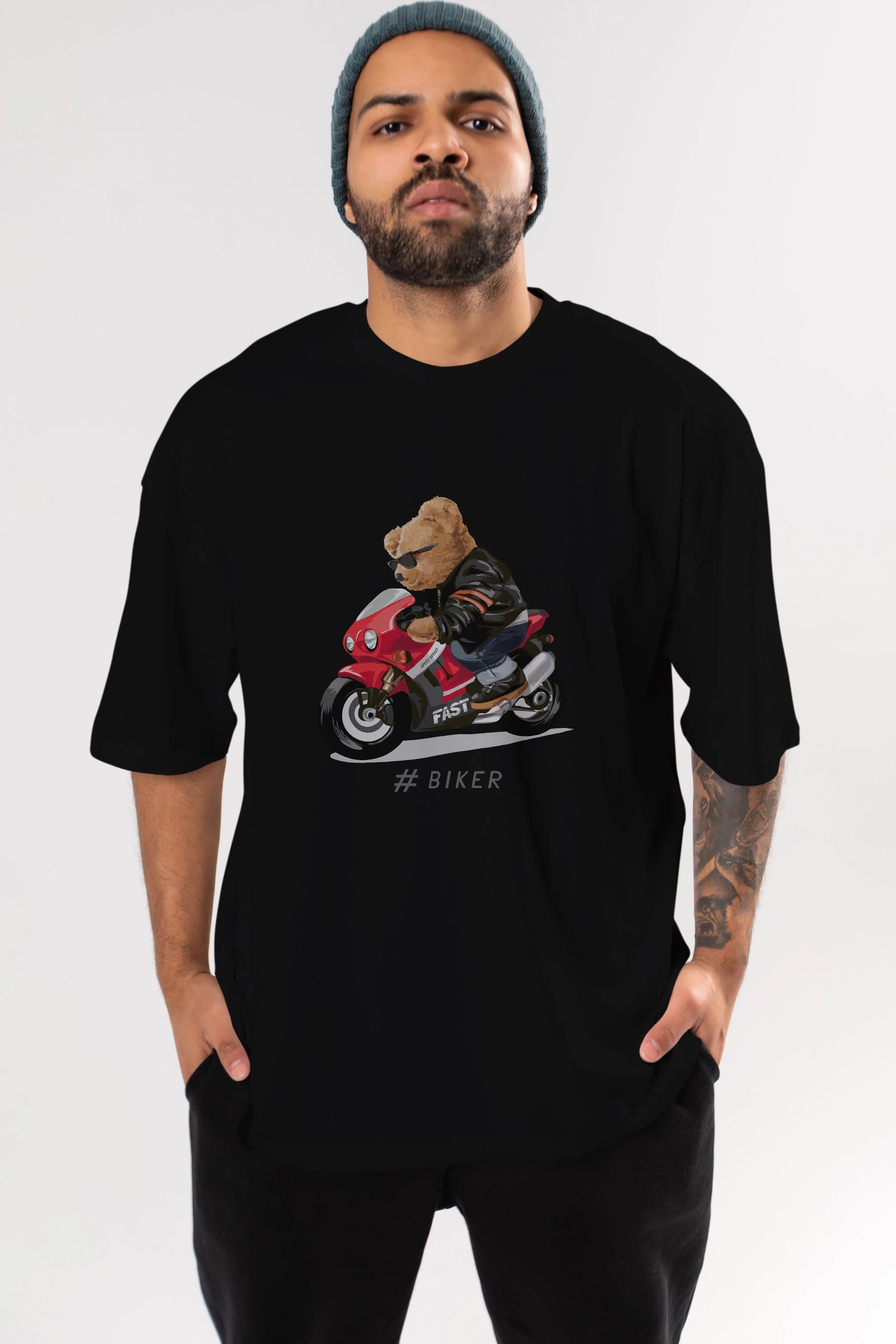 Teddy Bear Biker Ön Baskılı Oversize t-shirt Erkek Kadın Unisex %100 Pamuk