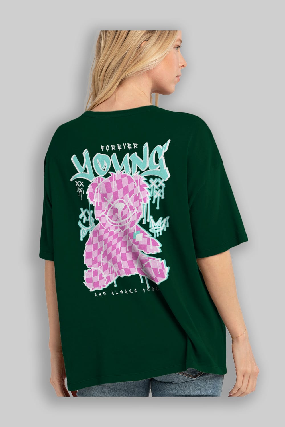 Young and Always Cool Bear Arka Baskılı Oversize t-shirt Erkek Kadın Unisex