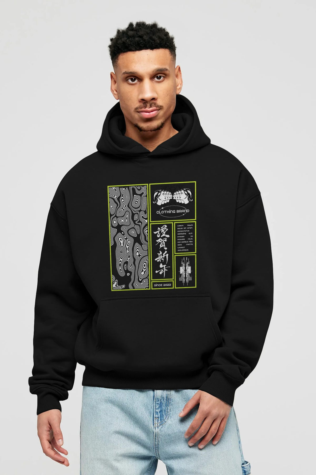 Neon Japanese Streetwear Ön Baskılı Oversize Hoodie Kapüşonlu Sweatshirt Erkek Kadın Unisex