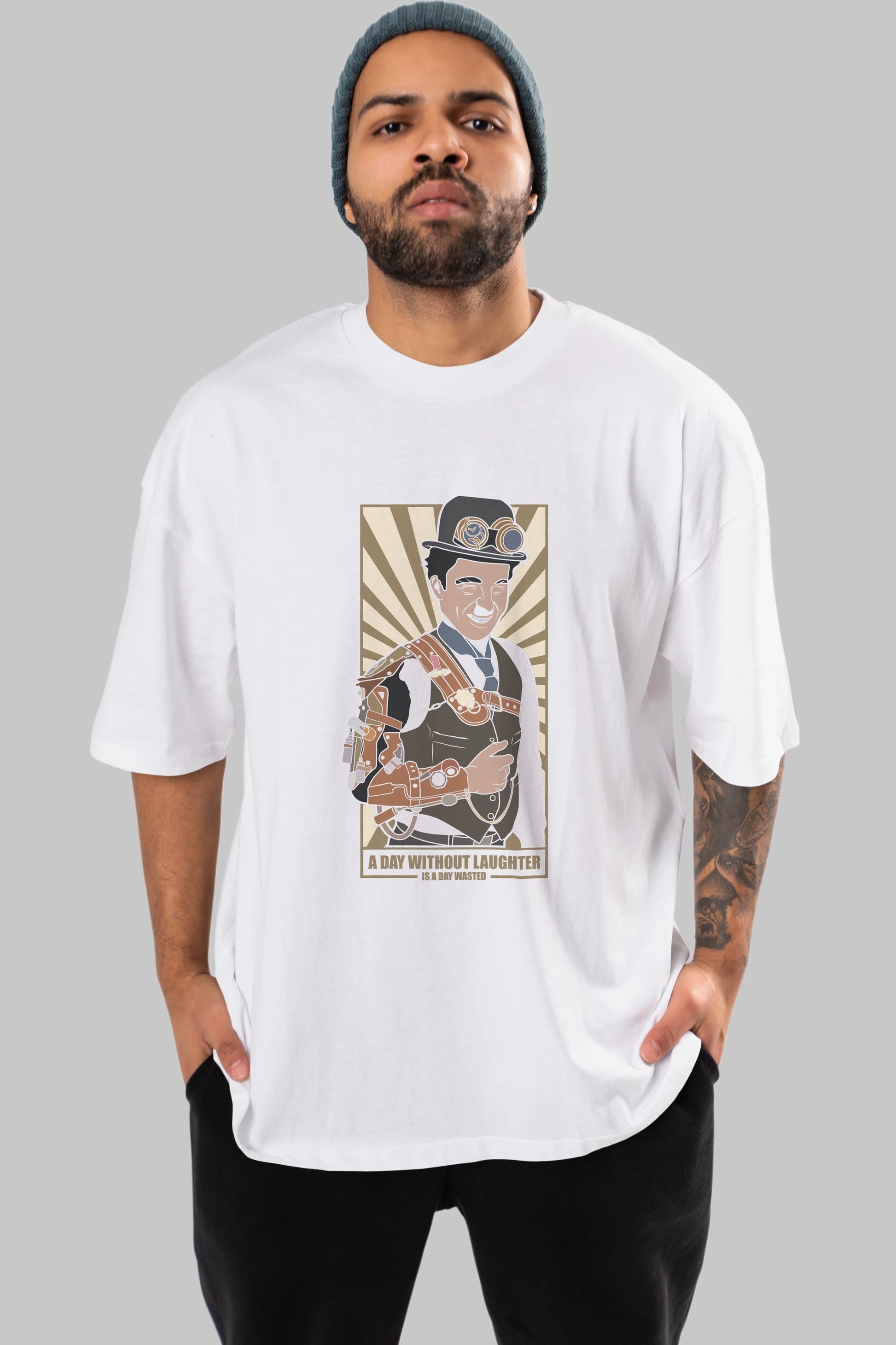 Steampunk Chaplin Ön Baskılı Oversize t-shirt Erkek Kadın Unisex %100 Pamuk tişort