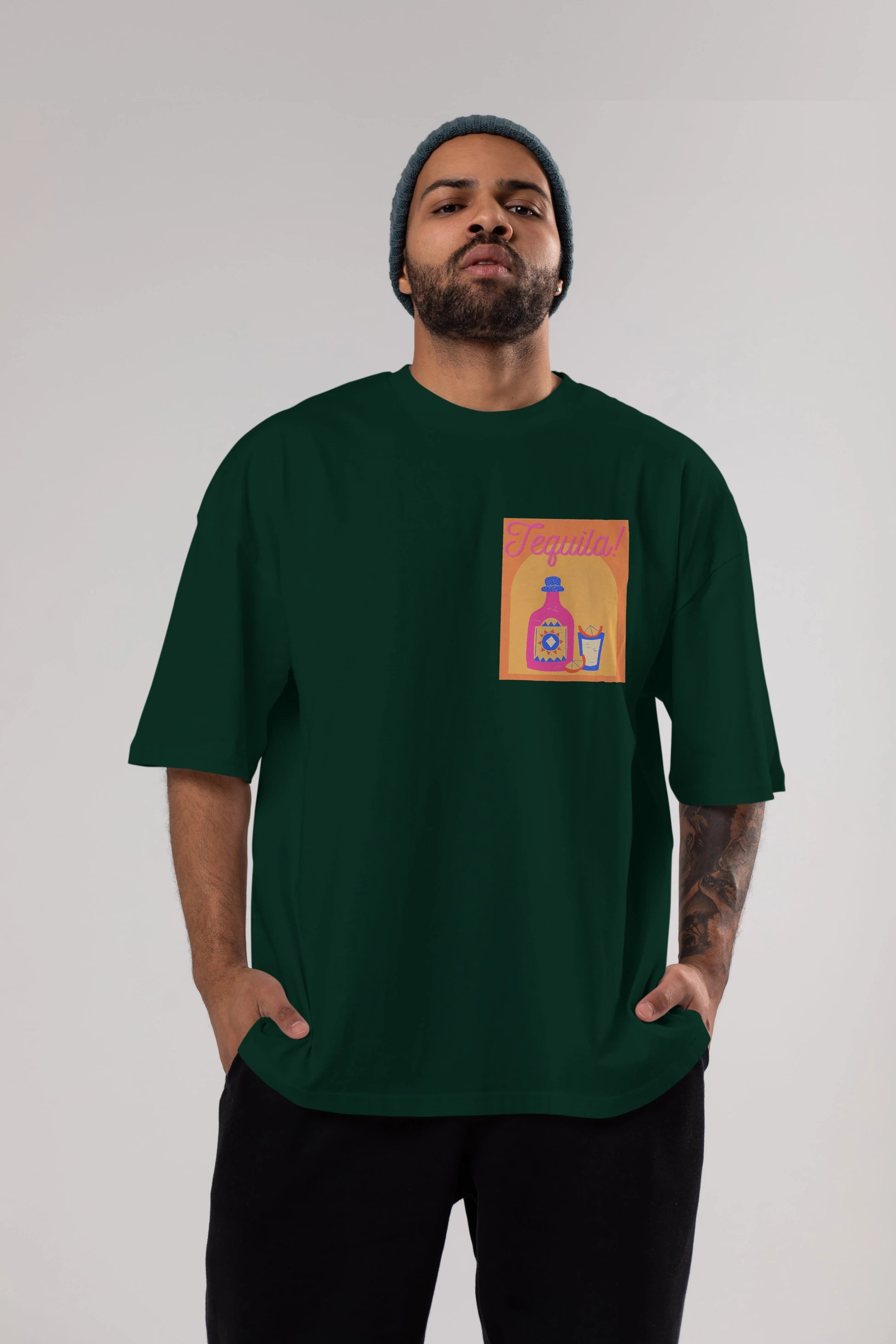 Tequila Ön Sol Baskılı Oversize t-shirt Erkek Kadın Unisex %100 Pamuk Bisiklet Yaka tişort