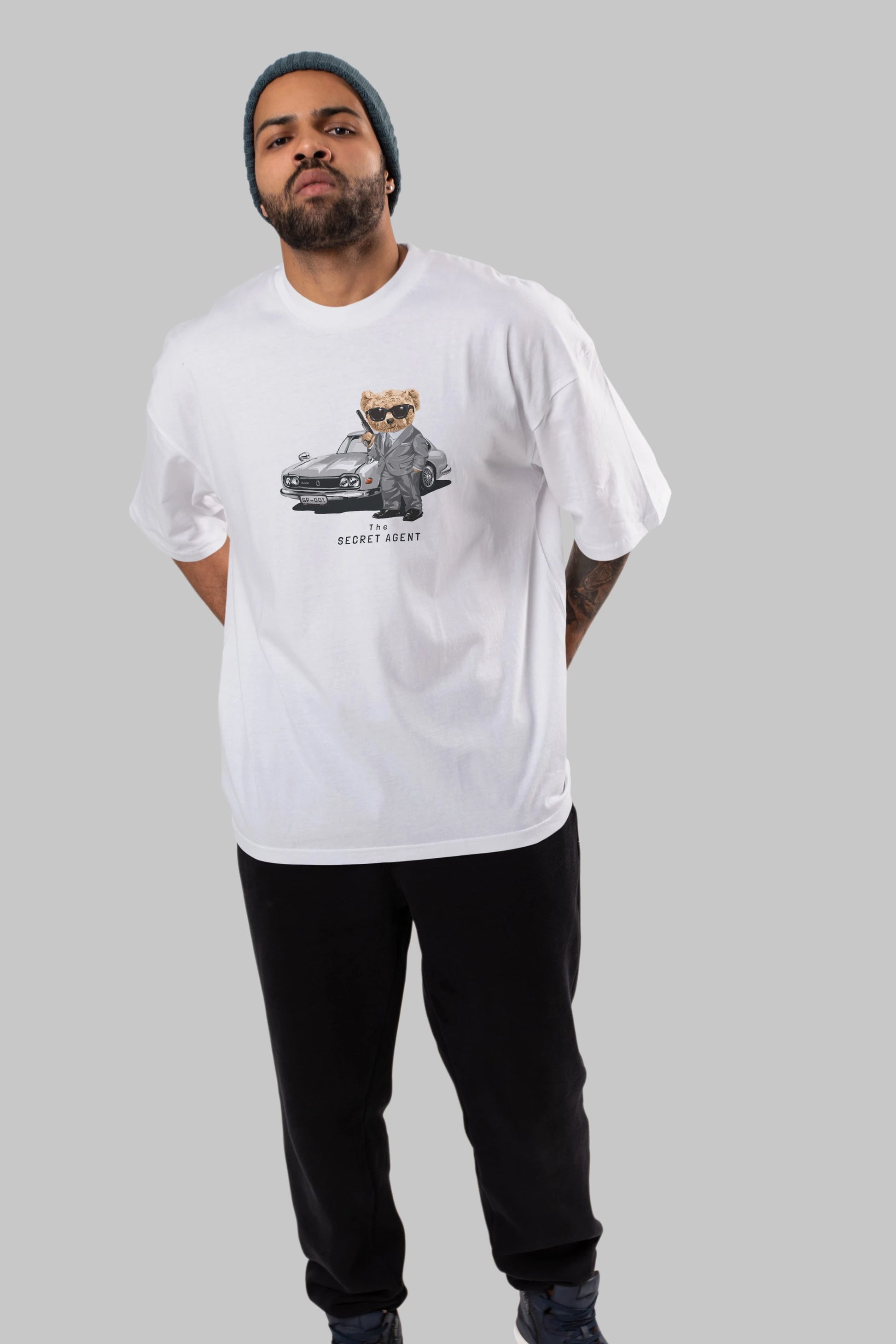 Teddy Bear The Secret Agent Ön Baskılı Oversize t-shirt Erkek Kadın Unisex %100 Pamuk