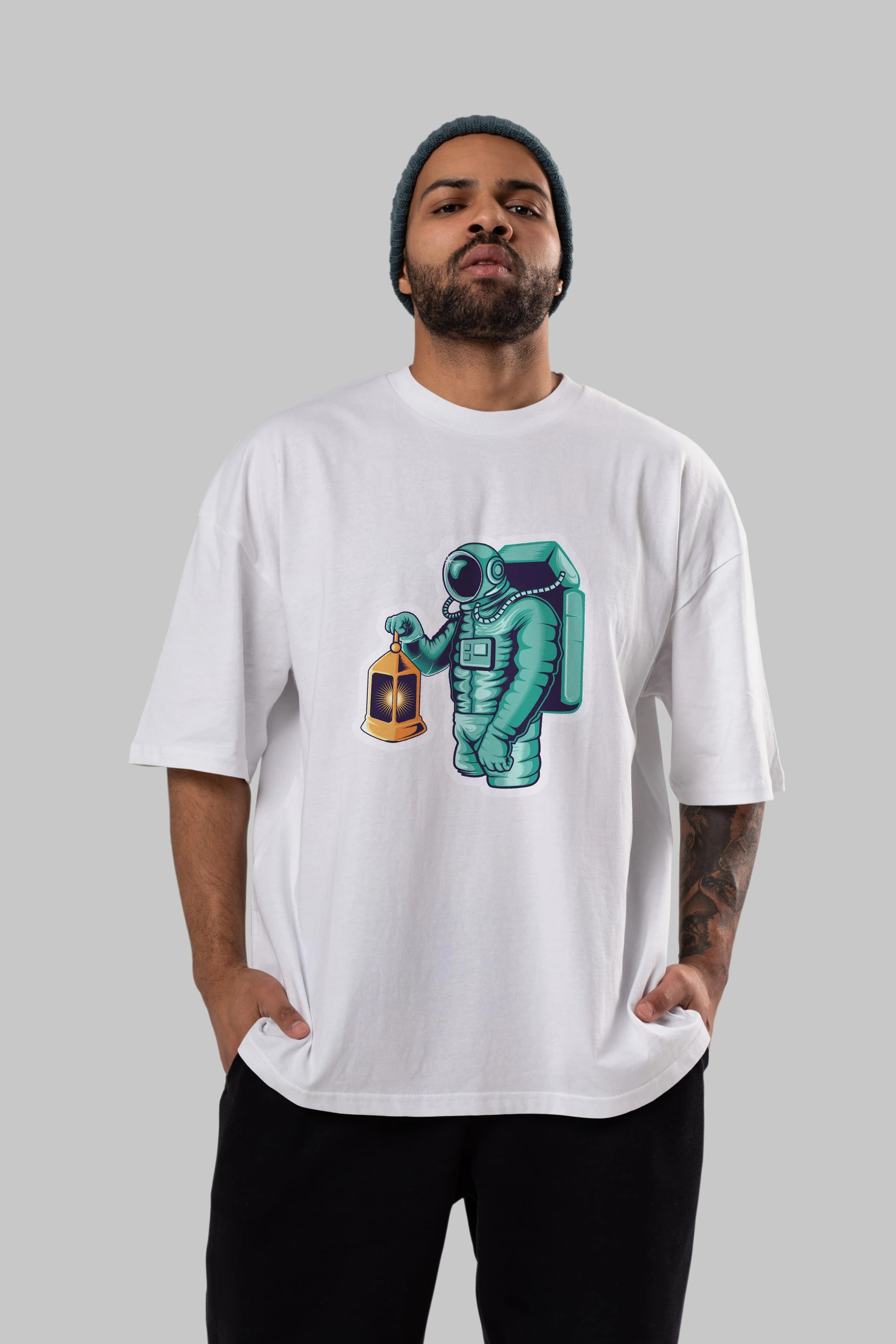 Astronaut Lantern Sticker Ön Baskılı Oversize t-shirt Erkek Kadın Unisex