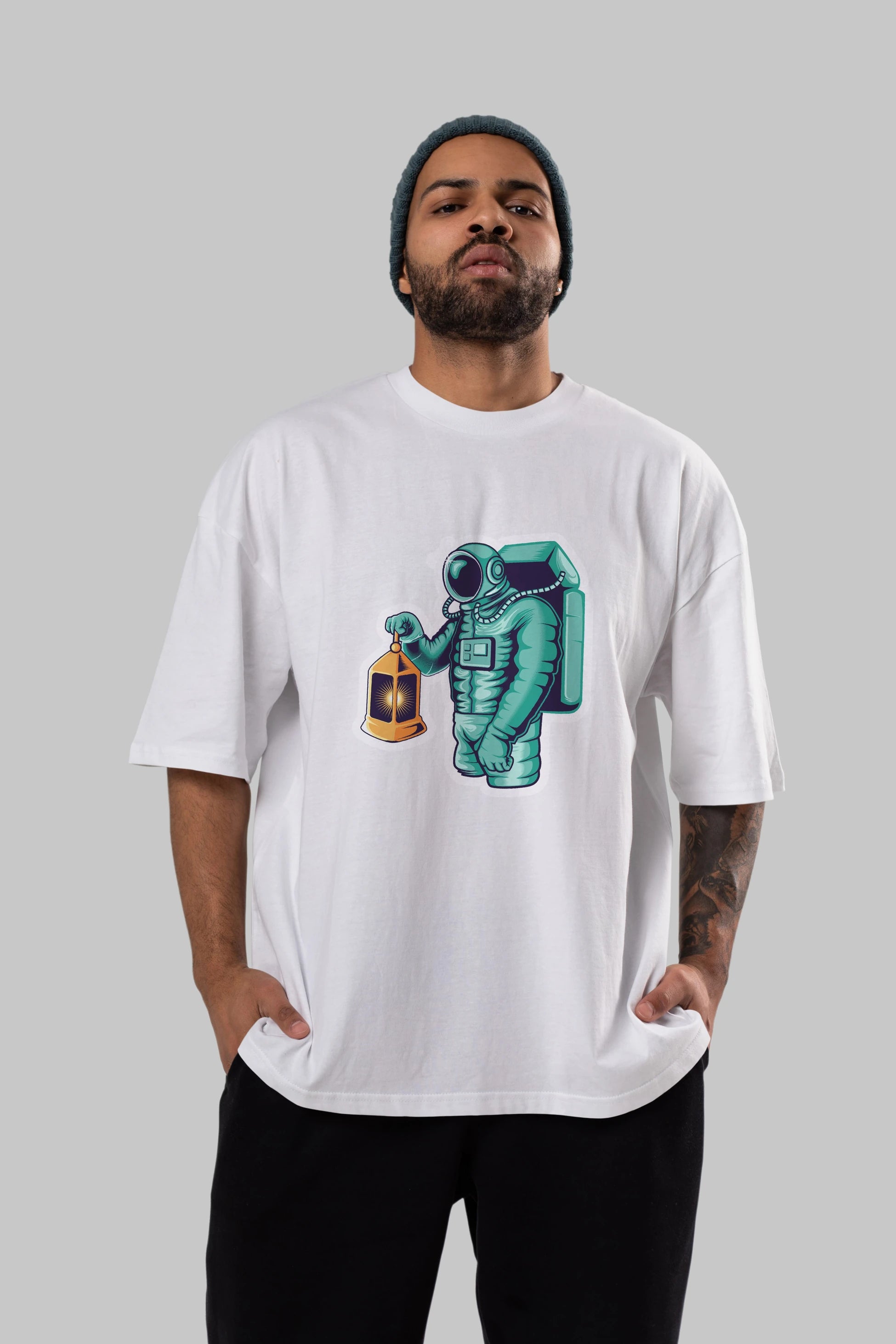 Astronaut Lantern Sticker Ön Baskılı Oversize t-shirt Erkek Kadın Unisex