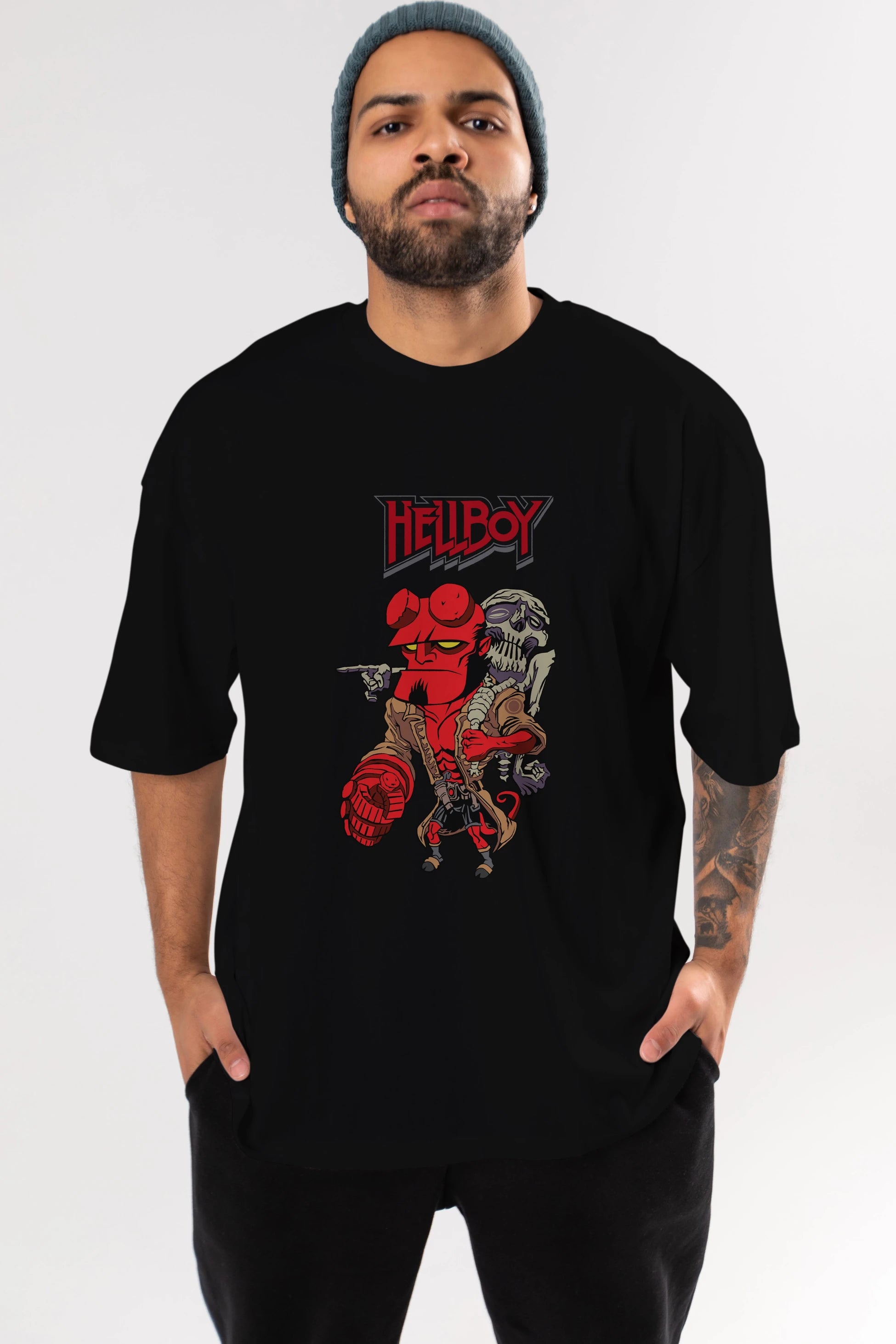 Hellboy (2) Ön Baskılı Oversize t-shirt Erkek Kadın Unisex %100 Pamuk Bisiklet Yaka tişort