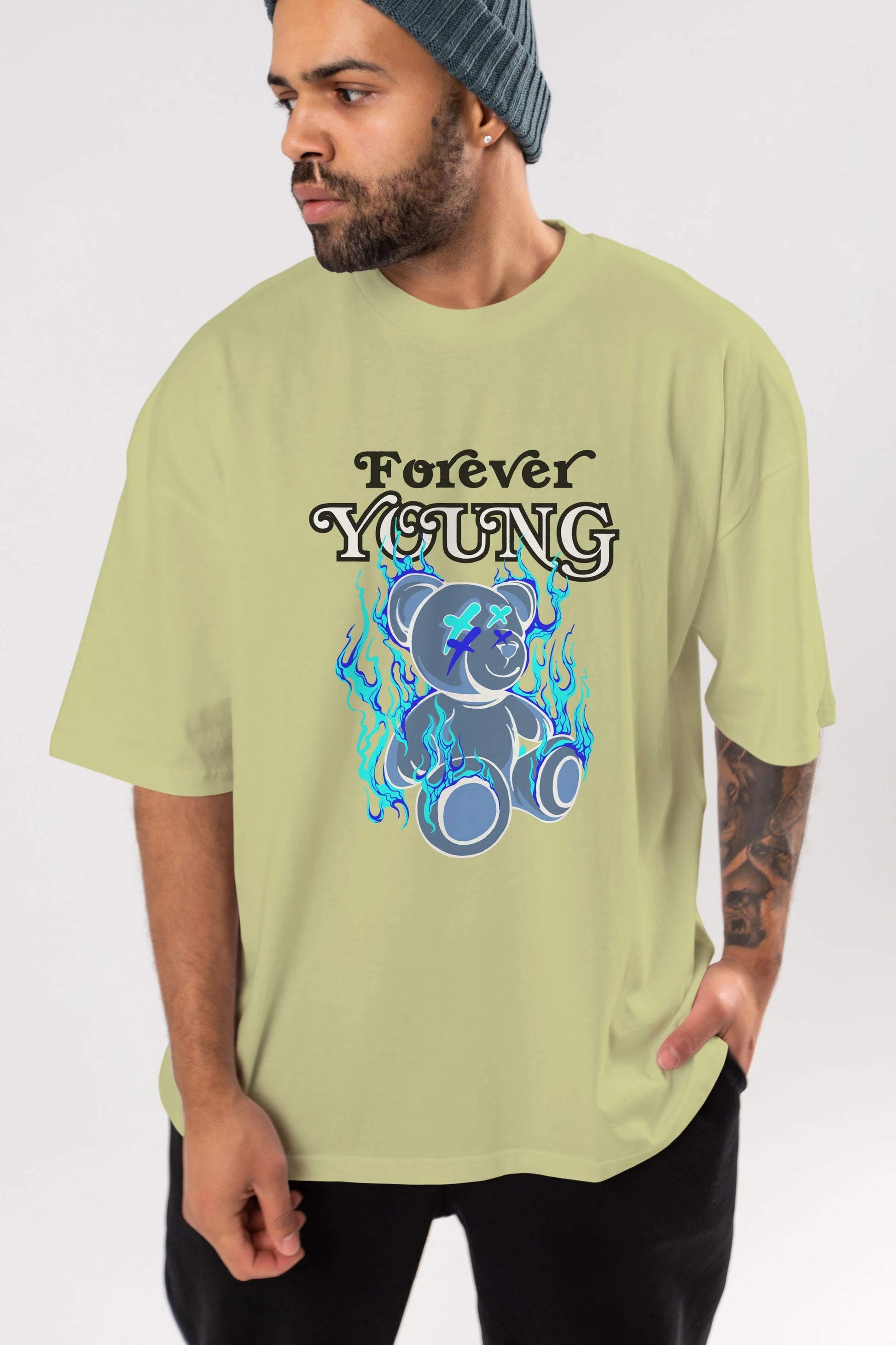 Forever Young Bear Ön Baskılı Oversize t-shirt Erkek Kadın Unisex