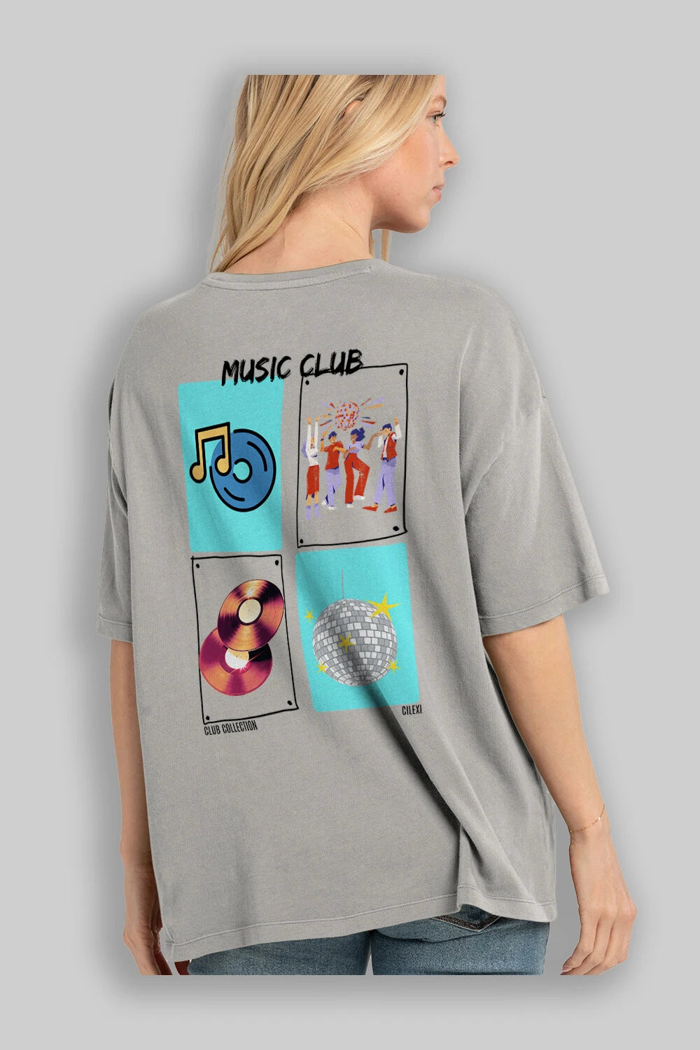 Music Club Arka Baskılı Oversize t-shirt Erkek Kadın %100 Pamuk Bisiklet Yaka tişort