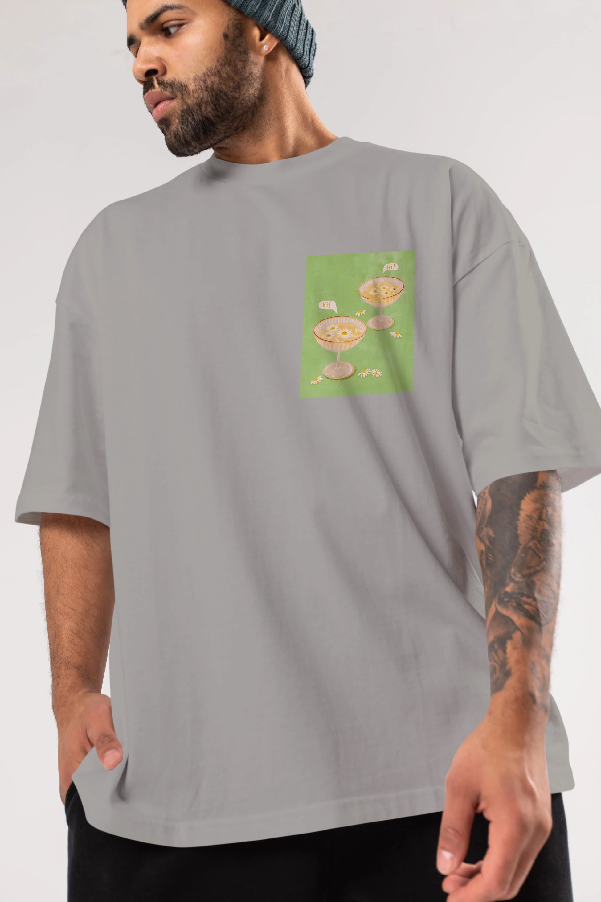 Hi Cheers Ön Sol Baskılı Oversize t-shirt Erkek Kadın Unisex %100 Pamuk Bisiklet Yaka tişort