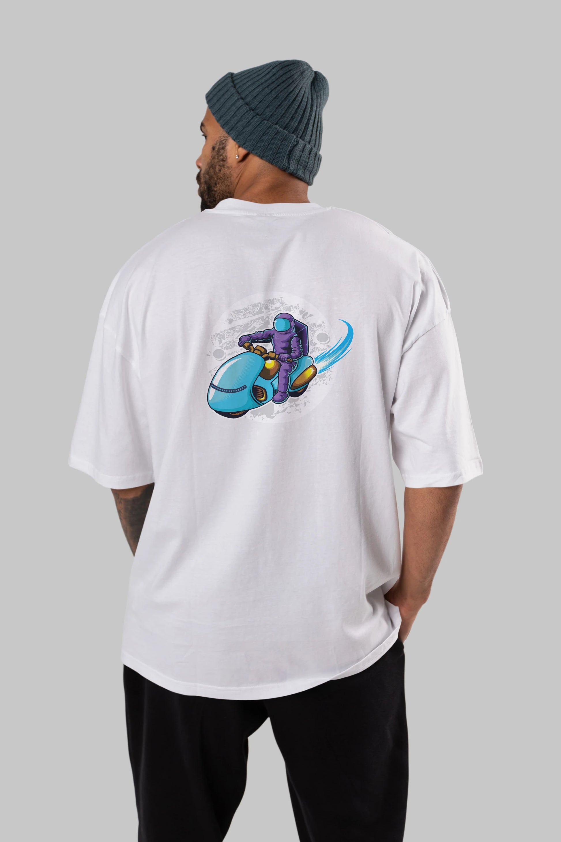 Astrorider in Space Arka Baskılı Oversize t-shirt Erkek Kadın Unisex
