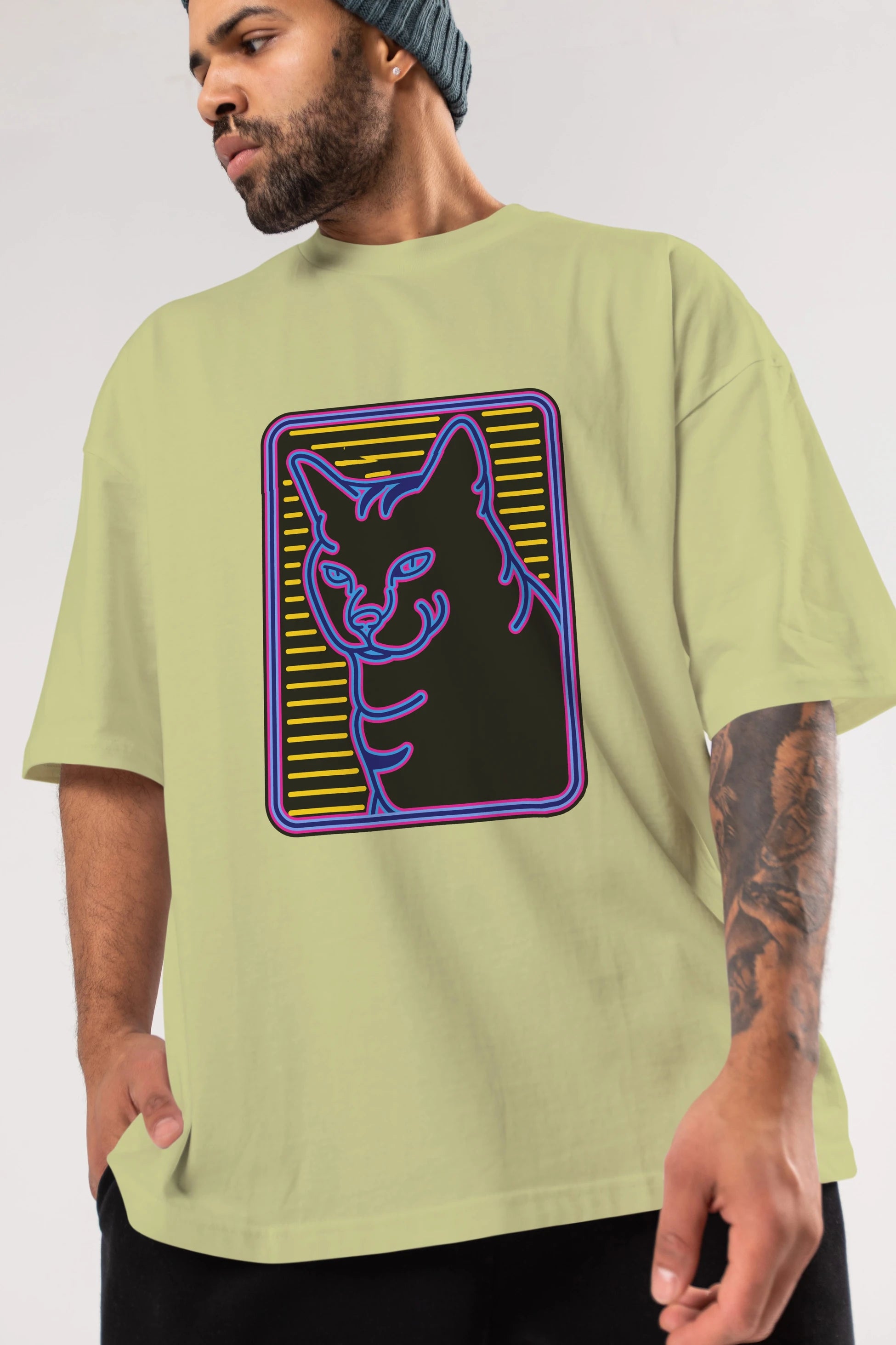 Neon Cat Ön Baskılı Oversize t-shirt Erkek Kadın Unisex