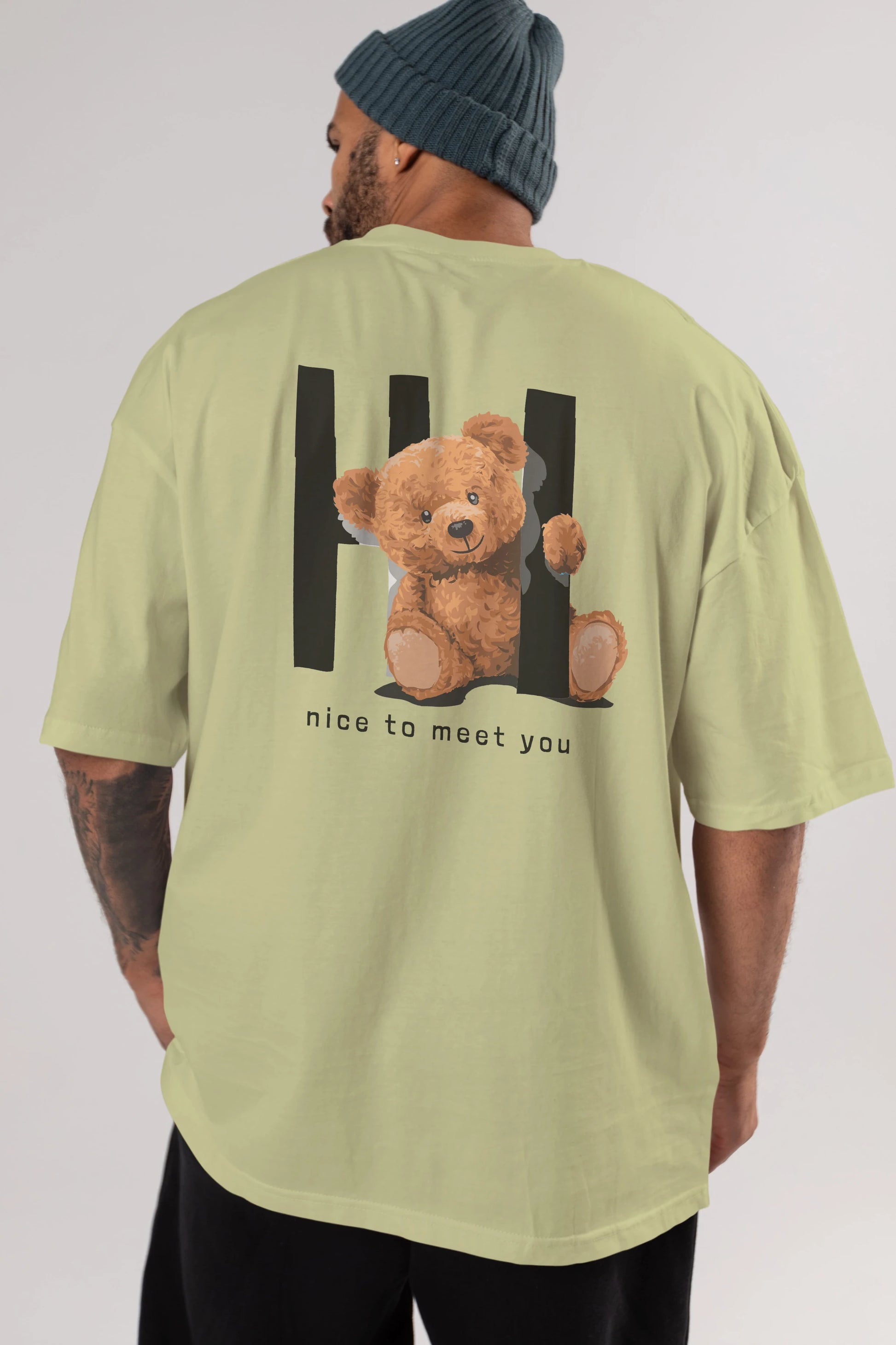 Teddy Bear Hi Nice To Meet You Arka Baskılı Oversize t-shirt Erkek Kadın Unisex %100 Pamuk