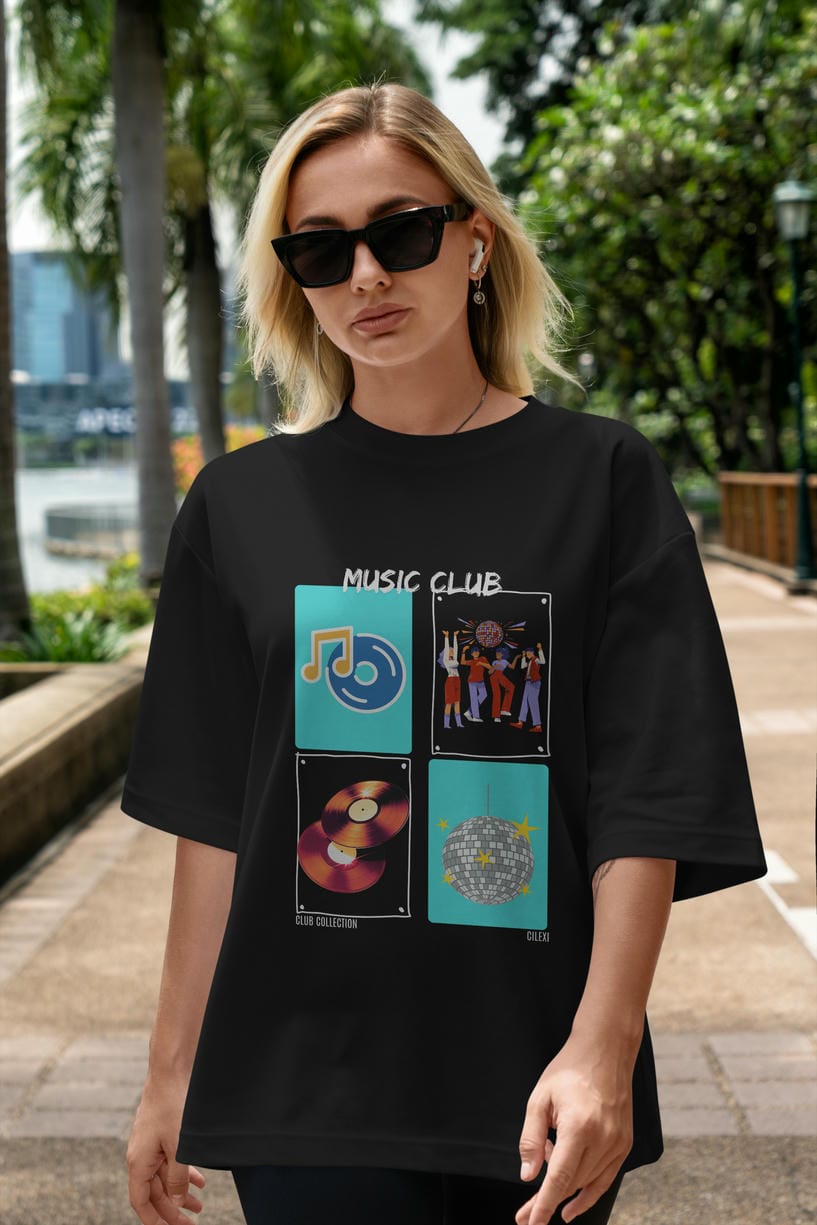 Music Club ön Baskılı Oversize t-shirt Erkek Kadın %100 Pamuk Bisiklet Yaka tişort