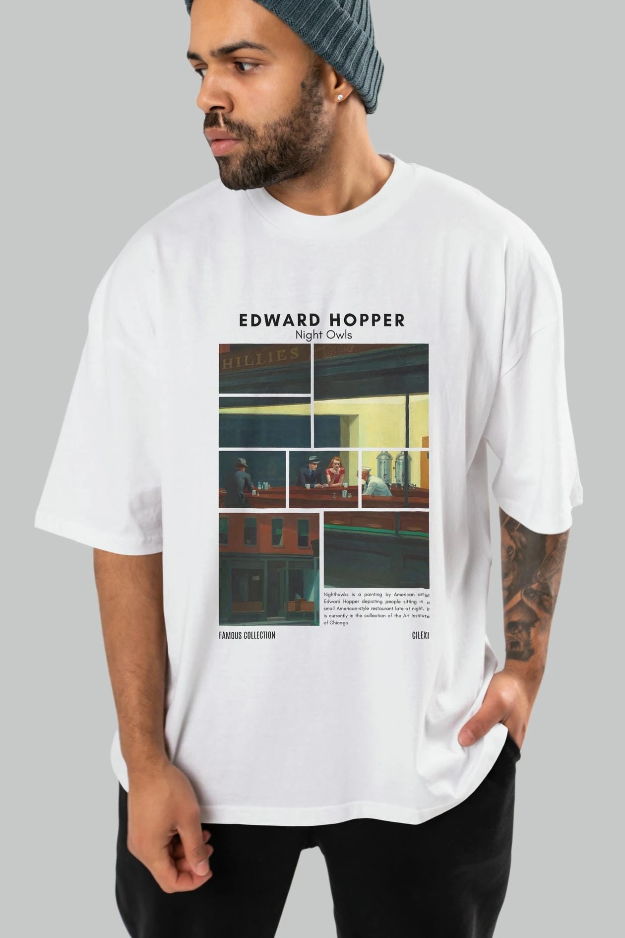 Edward Hopper Night Owls ön Baskılı Oversize t-shirt Erkek Kadın Bisiklet Yaka Pamuk tişort