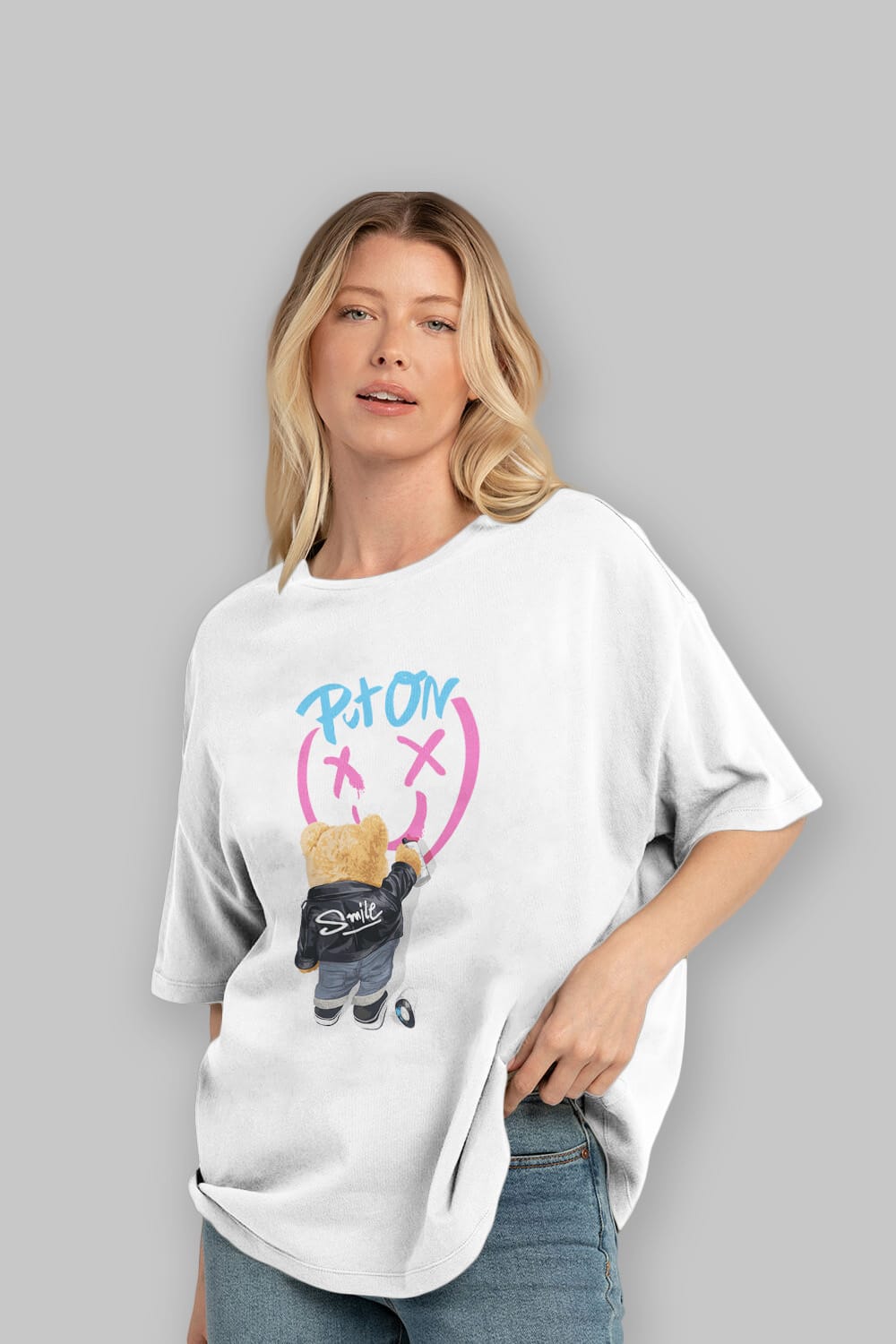 Put on Smile Bear Ön Baskılı Oversize t-shirt Erkek Kadın Unisex