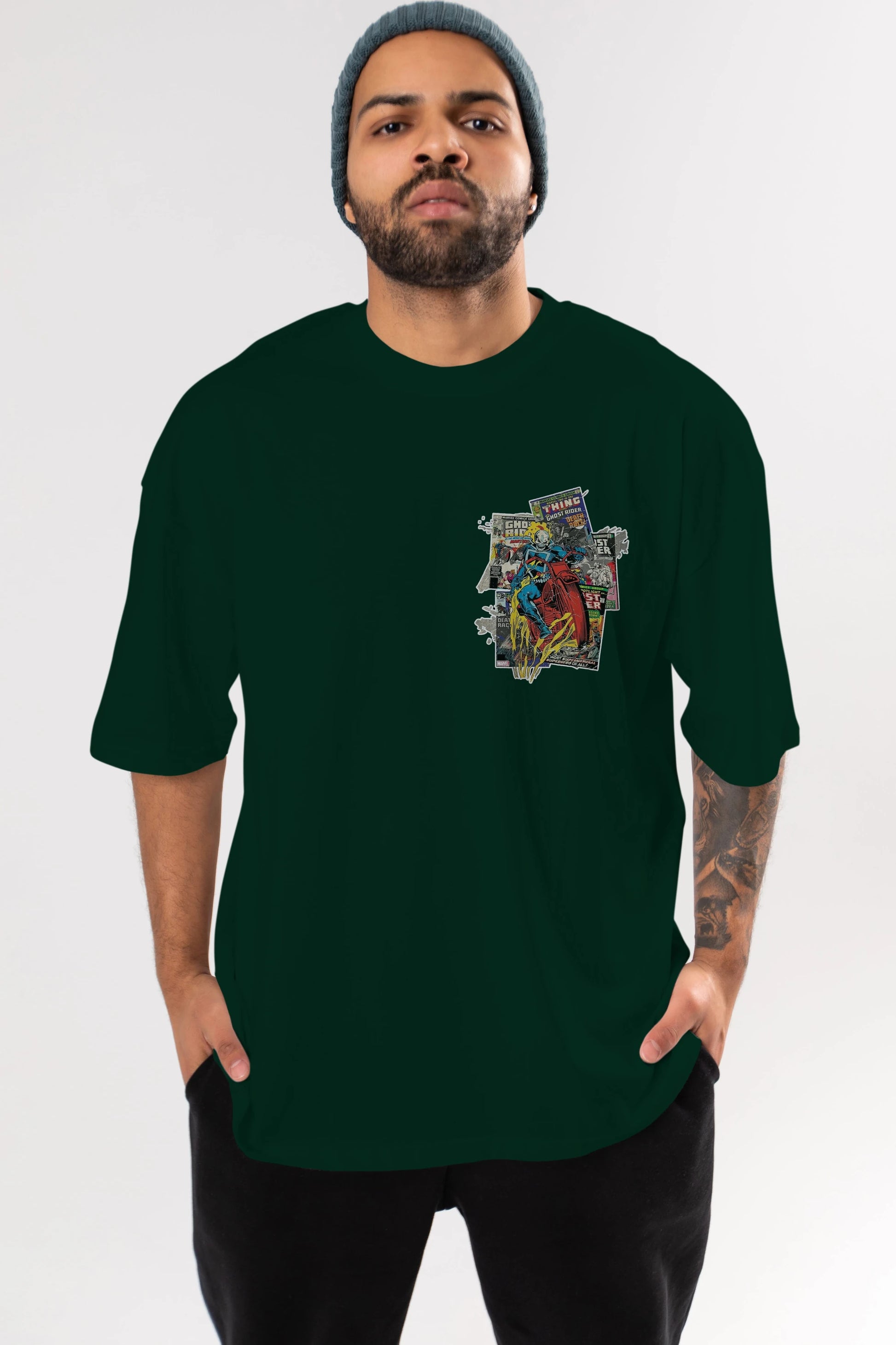Ghost Rider Ön Sol Baskılı Oversize t-shirt Erkek Kadın Unisex %100 Pamuk Bisiklet Yaka tişort