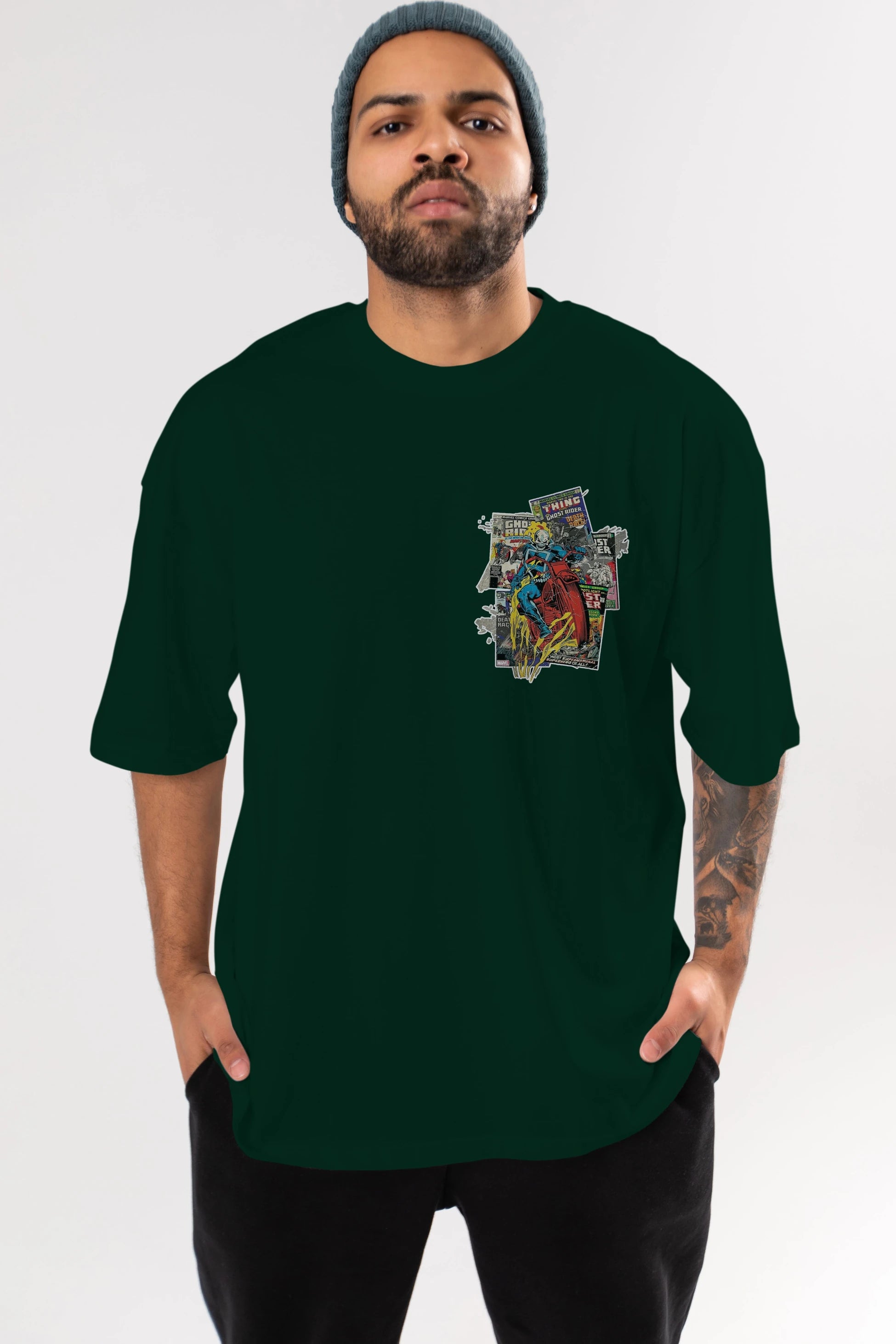 Ghost Rider Ön Sol Baskılı Oversize t-shirt Erkek Kadın Unisex %100 Pamuk Bisiklet Yaka tişort