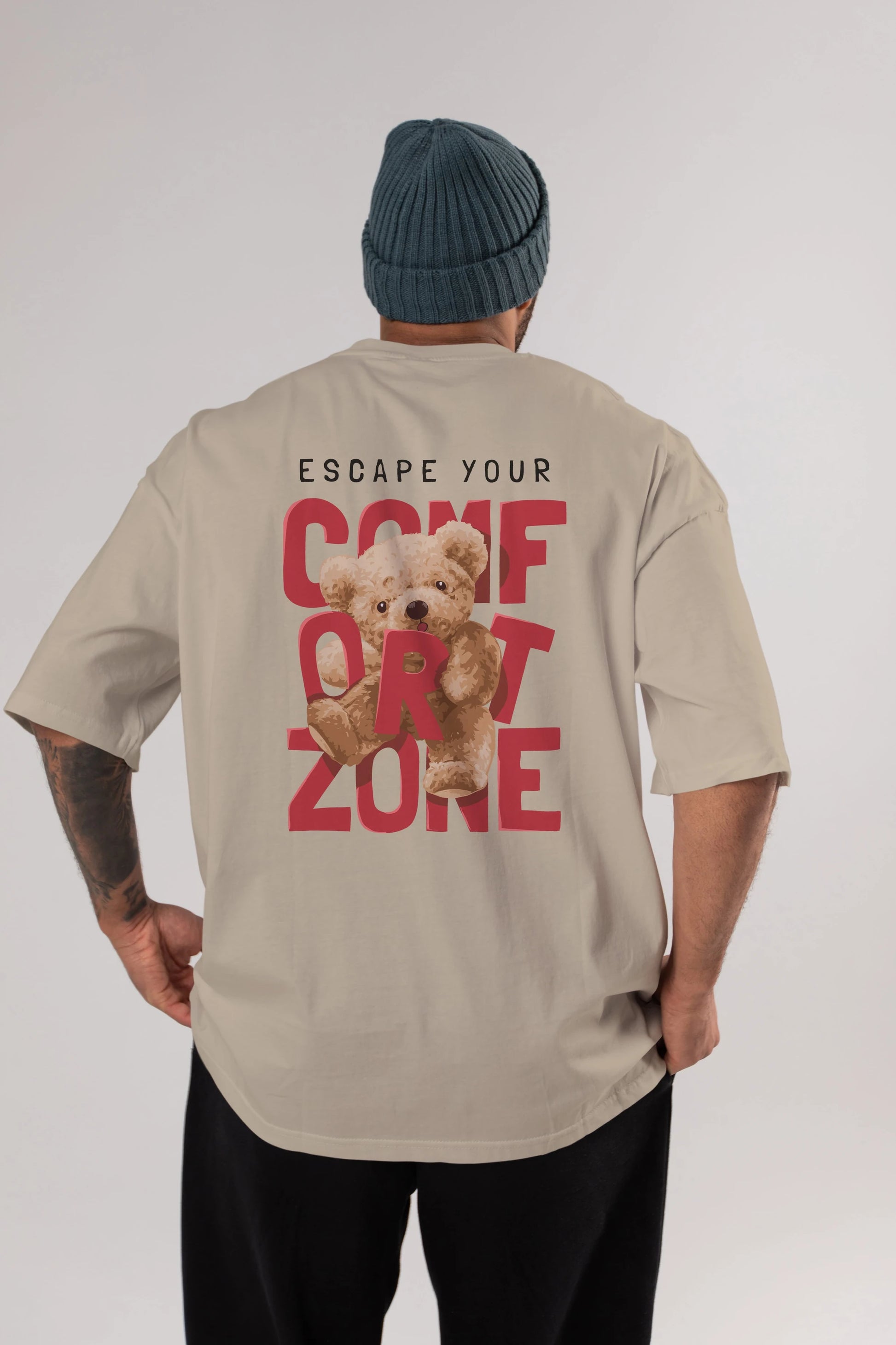 Teddy Bear Escape Comfort Zone Arka Baskılı Oversize t-shirt Erkek Kadın Unisex %100 Pamuk
