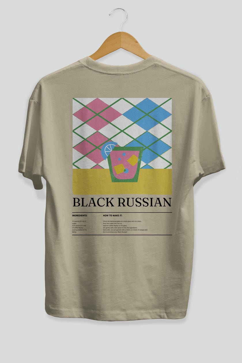 Black Russian Kokteyl Serisi Arka Baskılı Oversize t-shirt Erkek Kadın %100 Pamuk Bisiklet Yaka tişort
