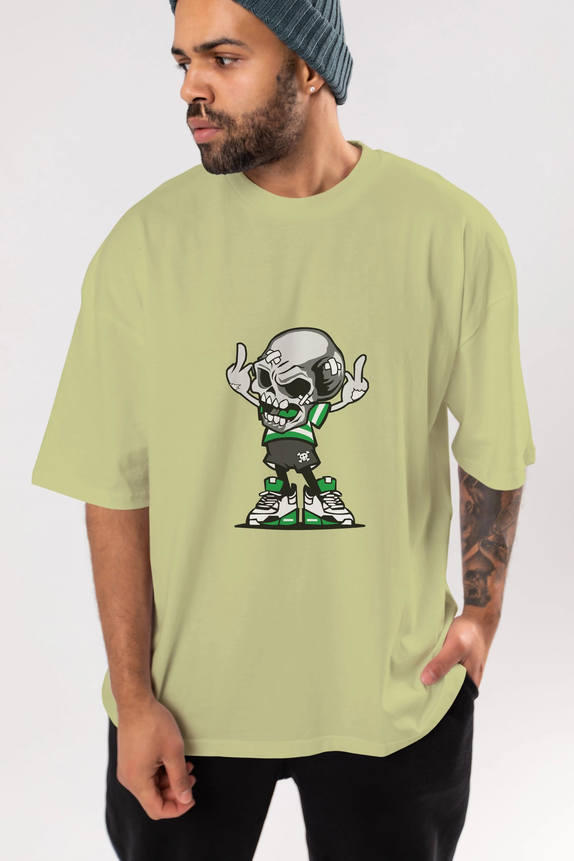 Skull F Hand Ön Baskılı Oversize t-shirt Erkek Kadın Unisex %100 Pamuk tişort