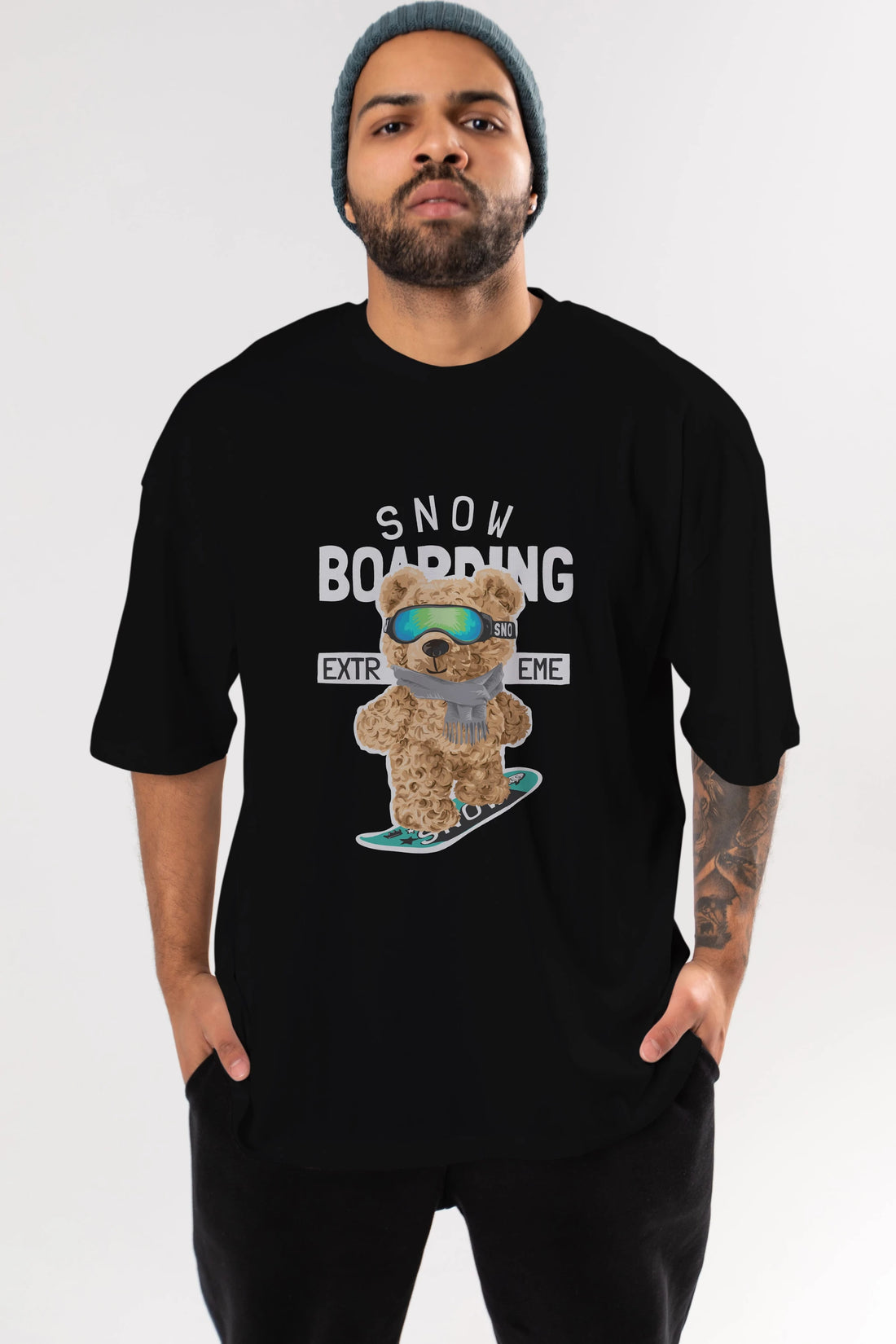 Teddy Bear Snow Boarding Ön Baskılı Oversize t-shirt Erkek Kadın Unisex %100 Pamuk