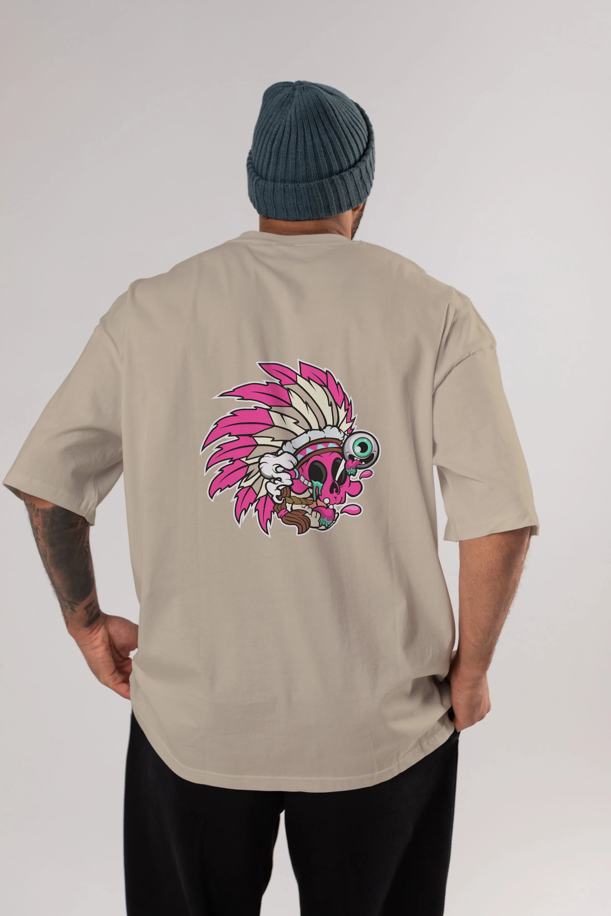 Skull Indian Arka Baskılı Oversize t-shirt Erkek Kadın Unisex %100 Pamuk tişort