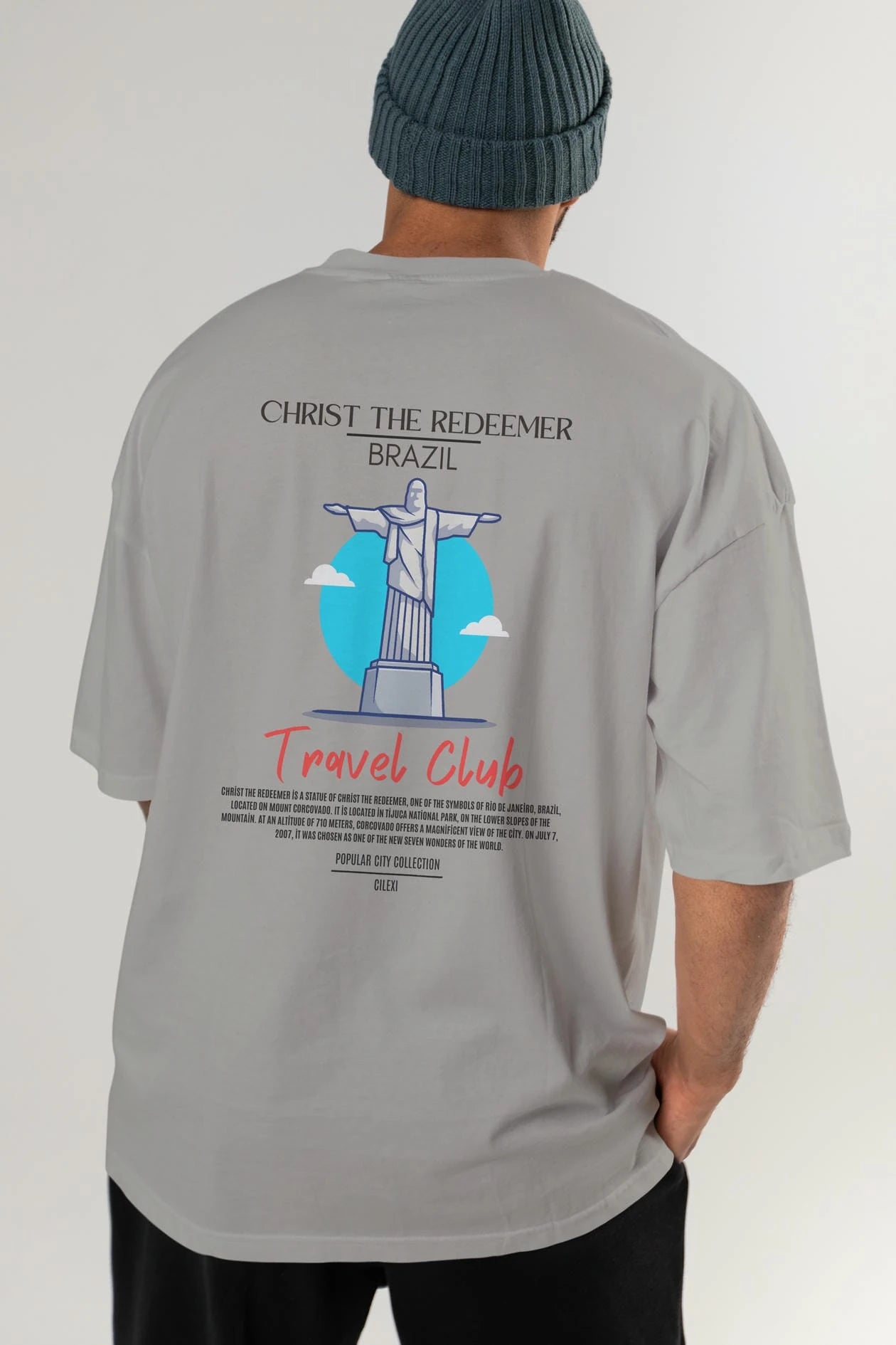 Christ The Redeemer Brazil Arka Baskılı Oversize t-shirt Erkek Kadın Pamuk Bisiklet Yaka tişort