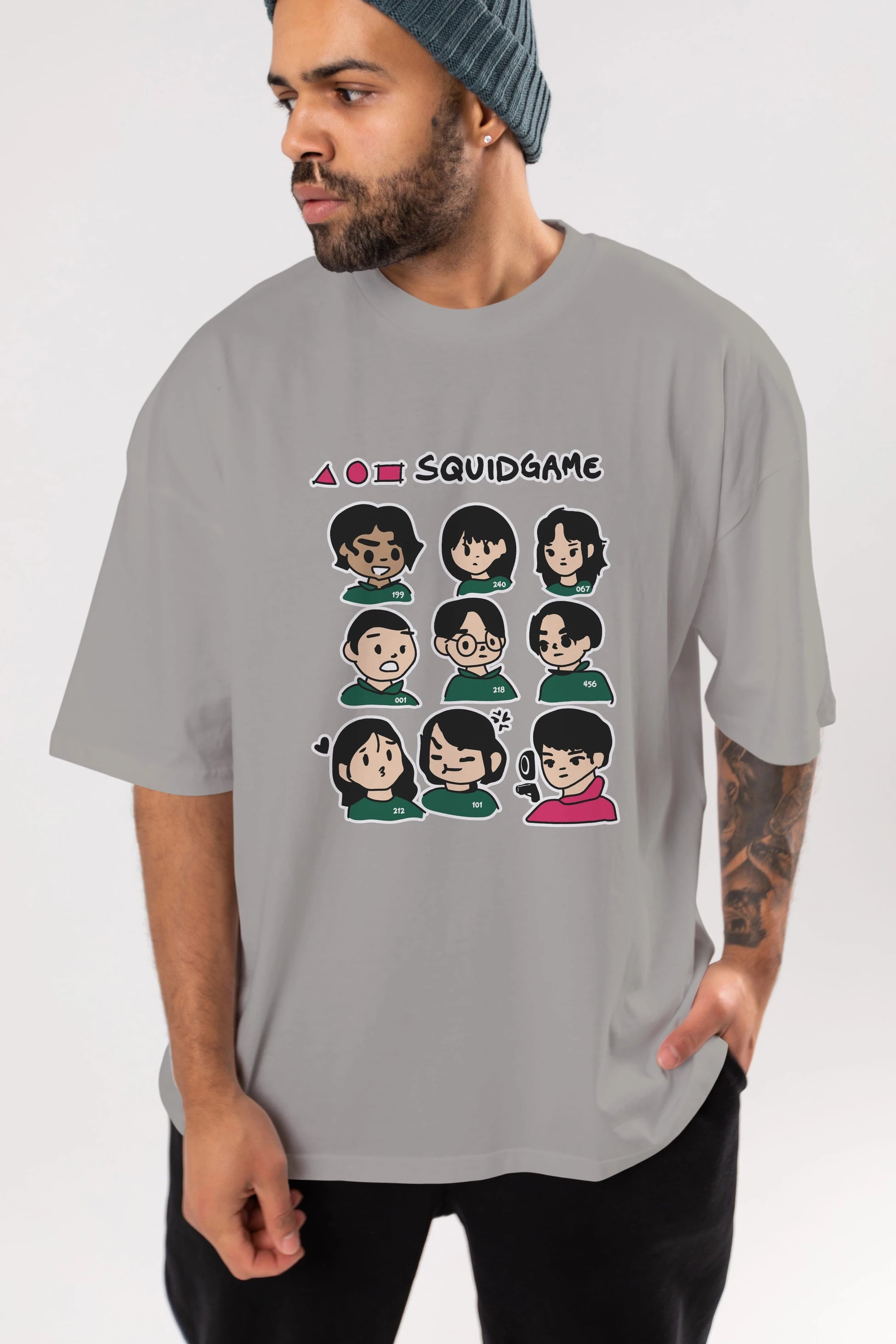 Squid Game (3) Ön Baskılı Oversize t-shirt Erkek Kadın Unisex %100 Pamuk Bisiklet Yaka tişort