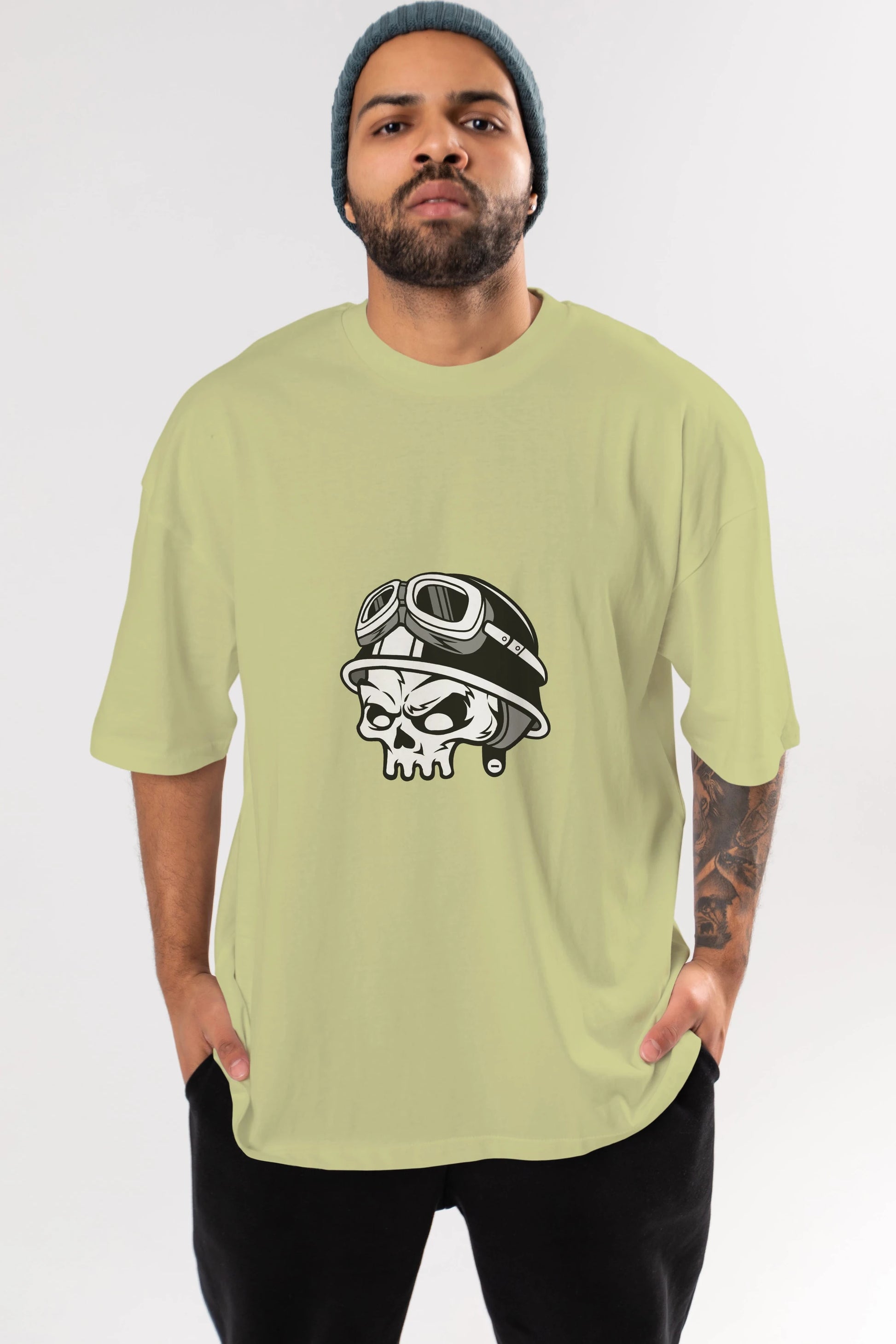 Biker Helmet Ön Baskılı Oversize t-shirt Erkek Kadın Unisex %100 Pamuk tişort