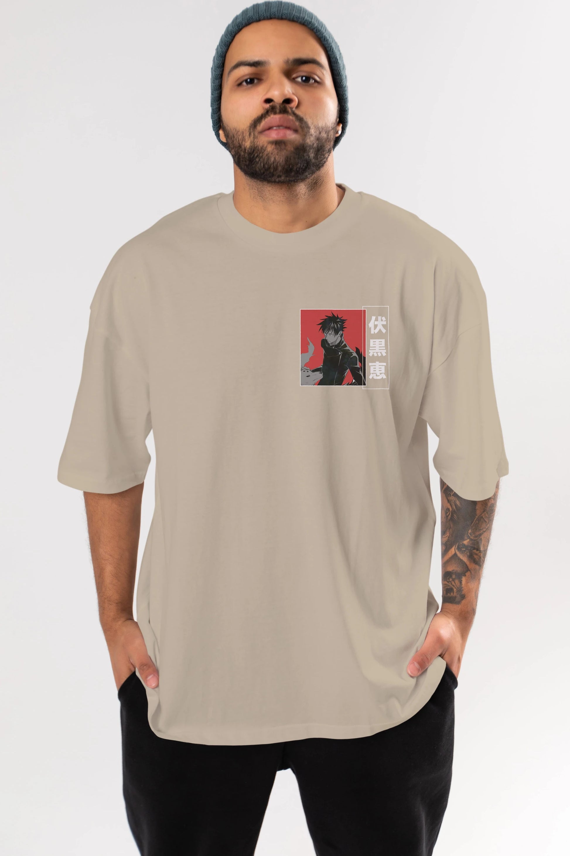 Megumi Fushiguro Ön Sol Baskılı Oversize t-shirt Erkek Kadın Unisex %100 Pamuk Bisiklet Yaka tişort