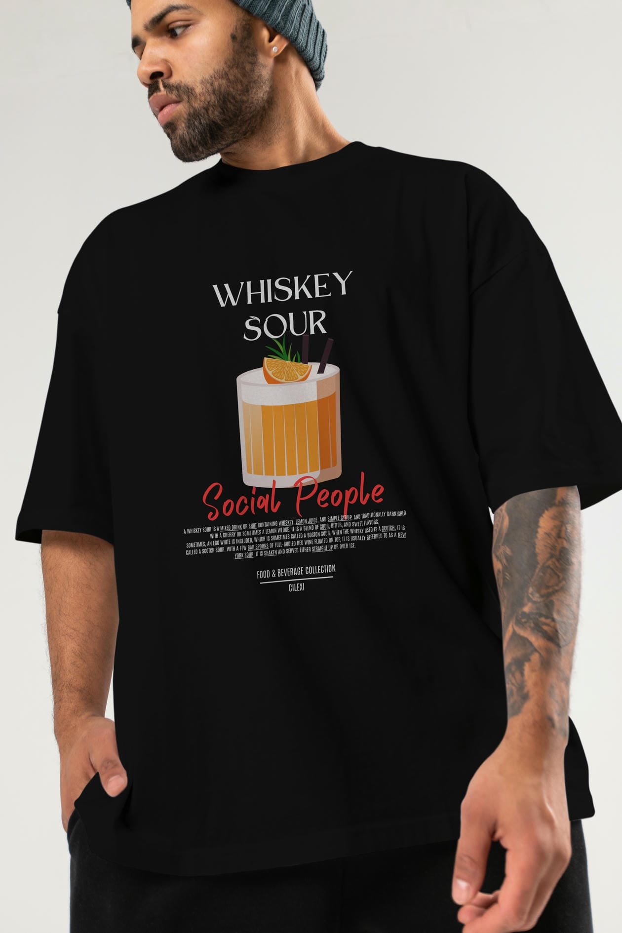 Whıskey Sour Kokteyl Serisi ön Baskılı Oversize t-shirt Erkek Kadın %100 Pamuk Bisiklet Yaka tişort