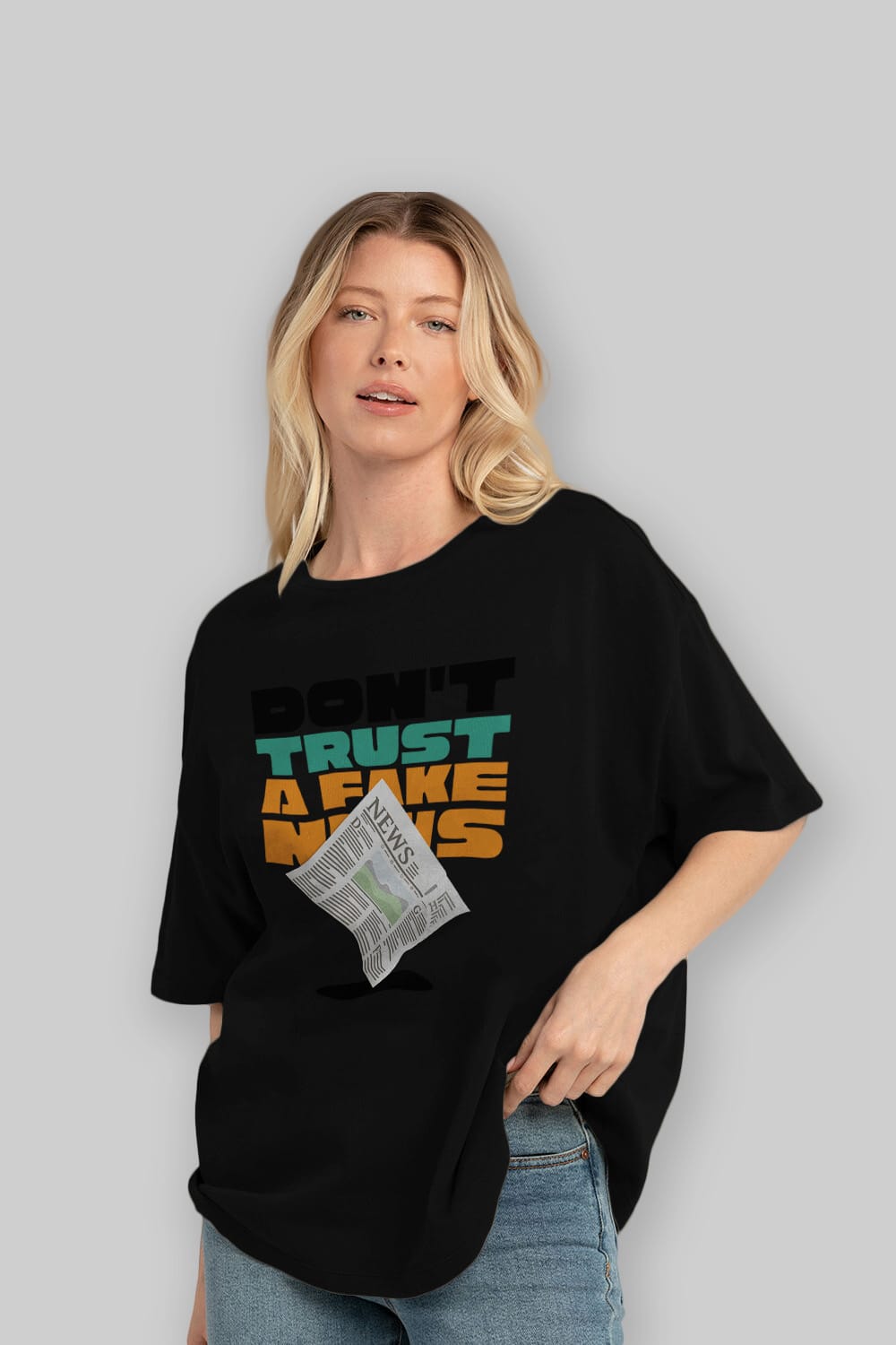 Dont Trust a Fake News Yazılı Ön Baskılı Oversize t-shirt Erkek Kadın Unisex